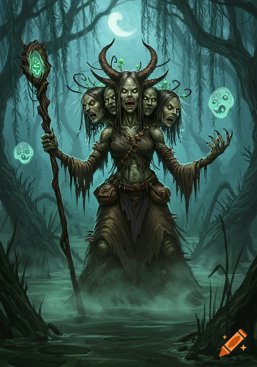 A monstrous, green-skinned swamp hag with multiple snarling heads, horns, and a staff, standing in a misty swamp under a crescent moon in dark fantasy style.