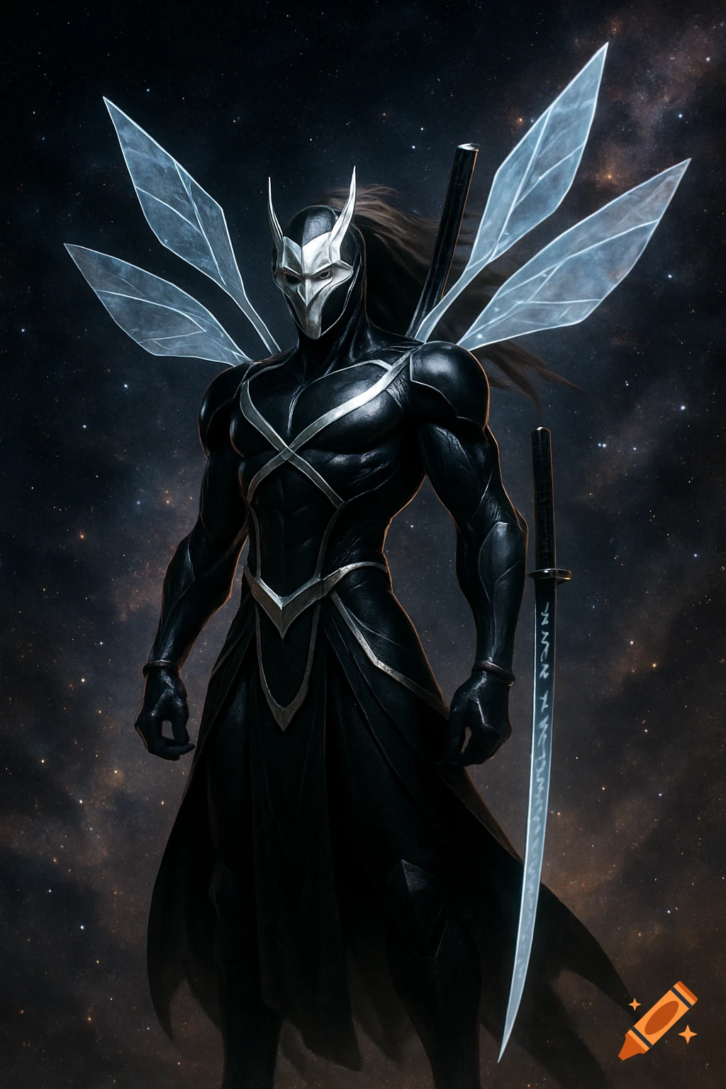 A cosmic samurai superhero in a black suit with silver highlights, white mask, and transparent blade-fan wings, holding a katana against a starry background.