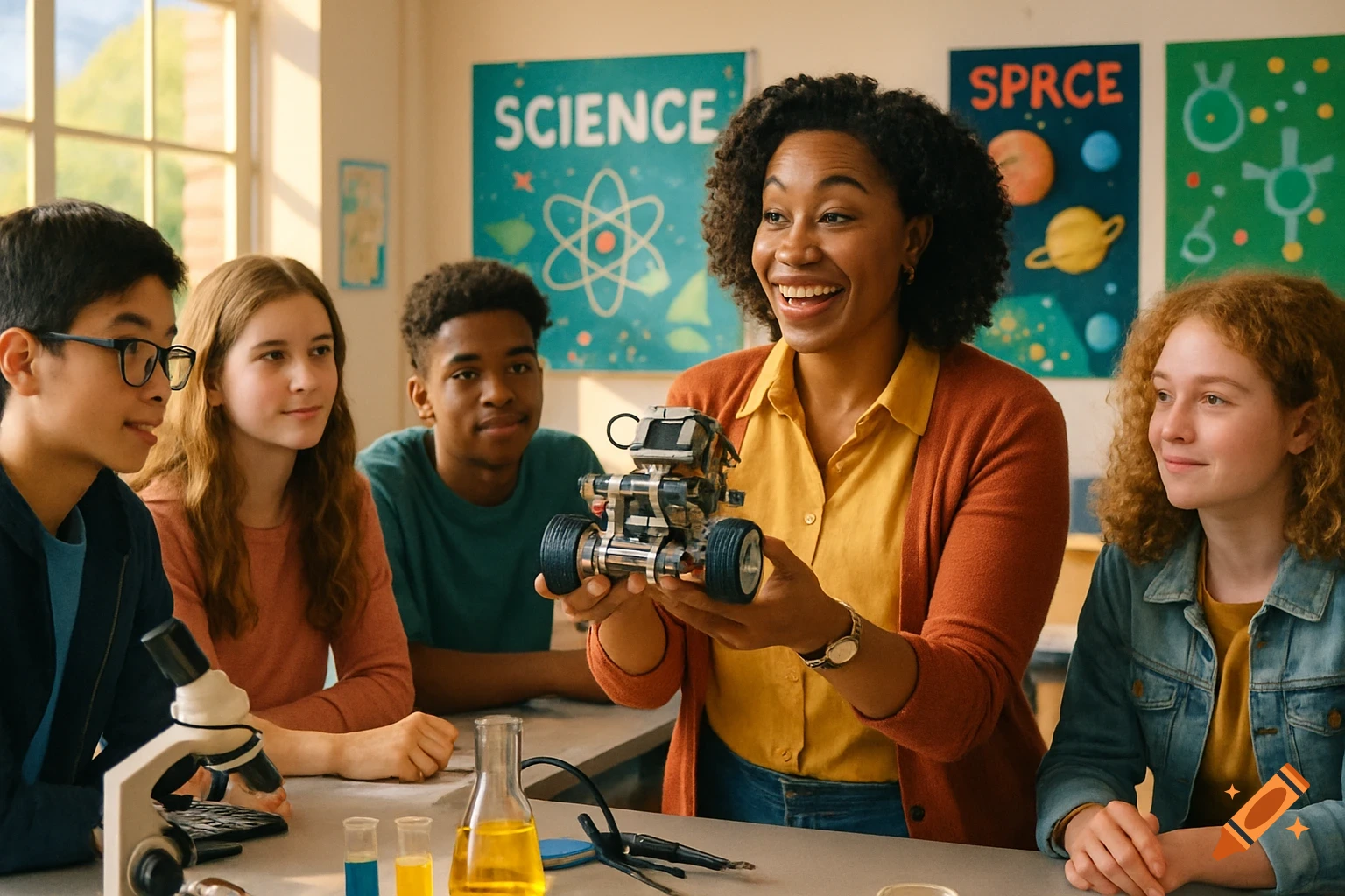 A teacher shows a small robot to diverse teenagers in a bright science lab with colorful posters.