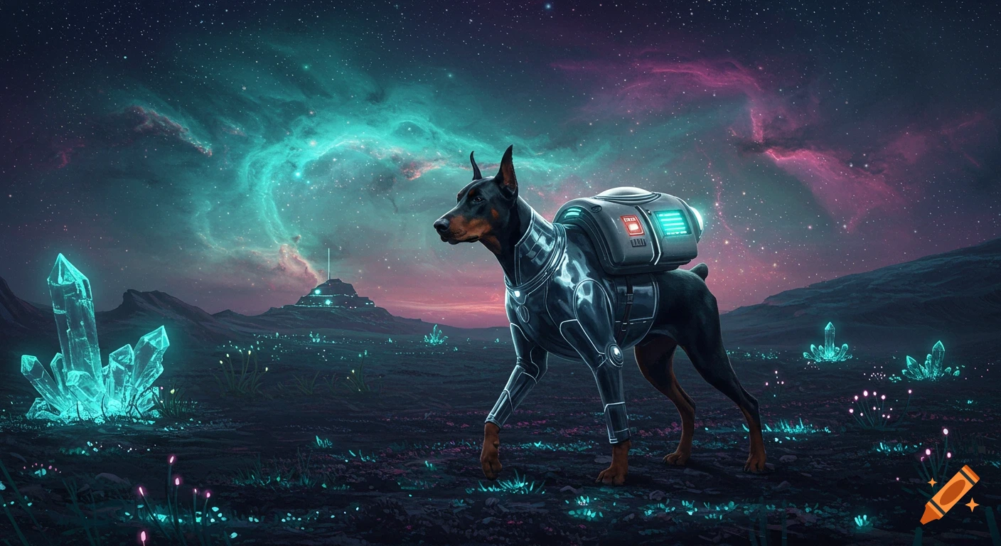 A Doberman in a silver futuristic suit with a glowing backpack walks on an alien planet with teal crystals under a vibrant nebula sky.