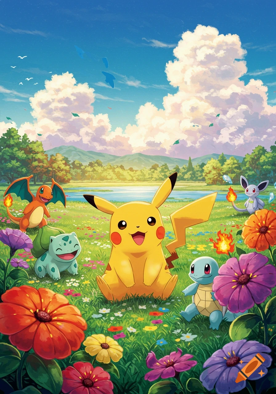 Pikachu, Charmander, Bulbasaur, and Squirtle in a bright, flowery meadow by a lake, anime style.