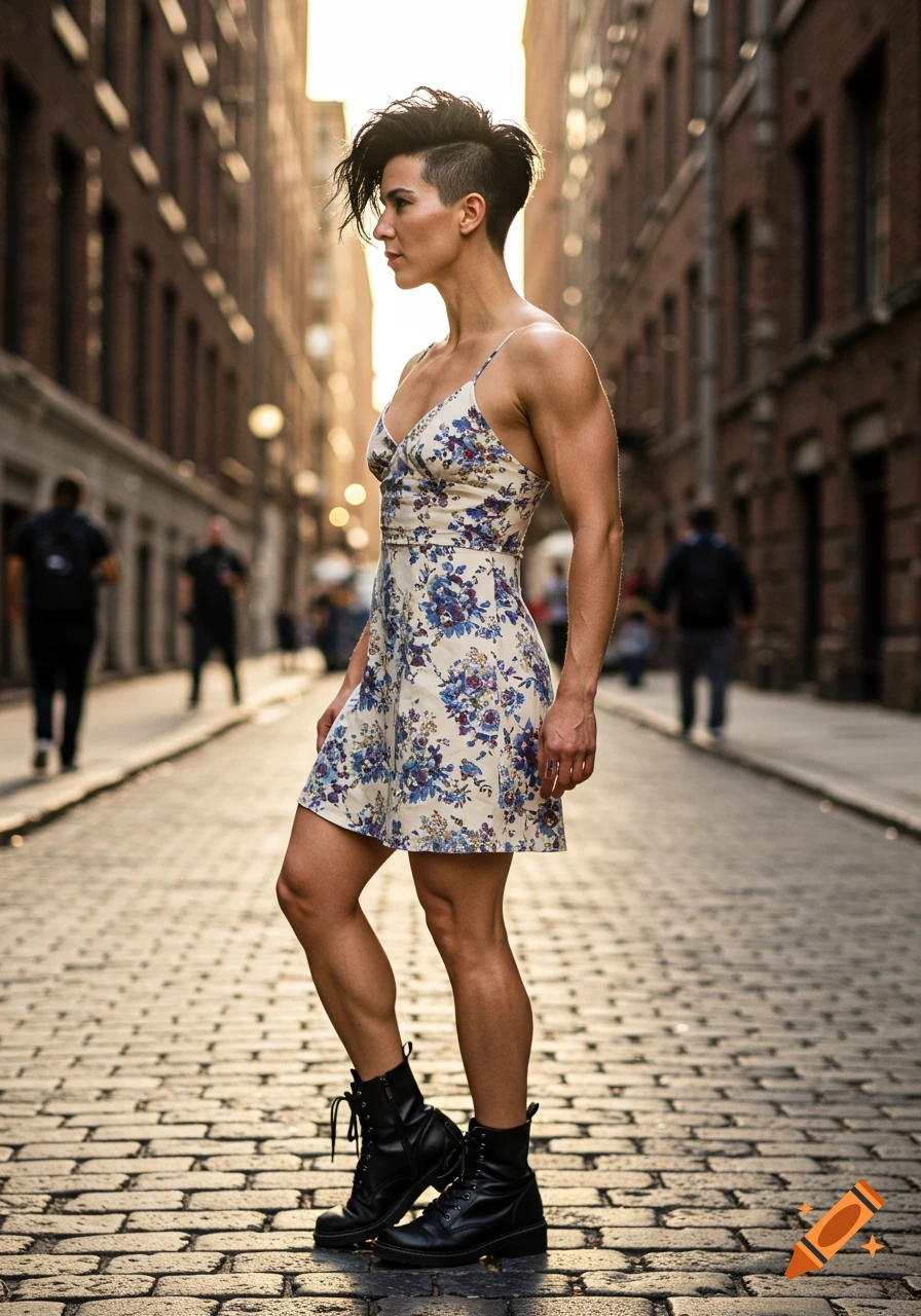 Muscular woman in floral sundress and combat boots with an undercut hairstyle, standing on a cobblestone street at golden hour.
