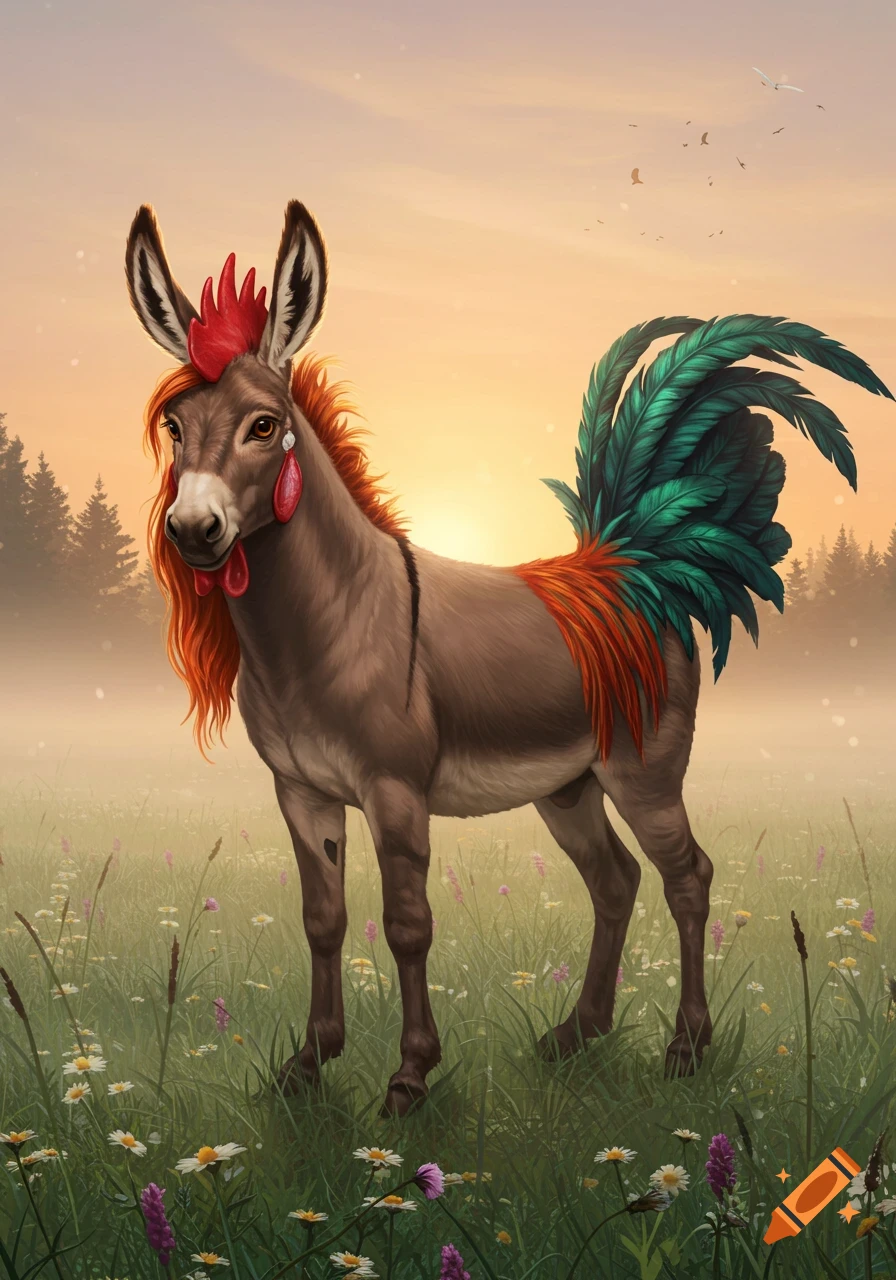A fantasy donkey-rooster hybrid creature with a red mane, comb, and wattles, and a green and orange tail, stands in a field of wildflowers at sunset.