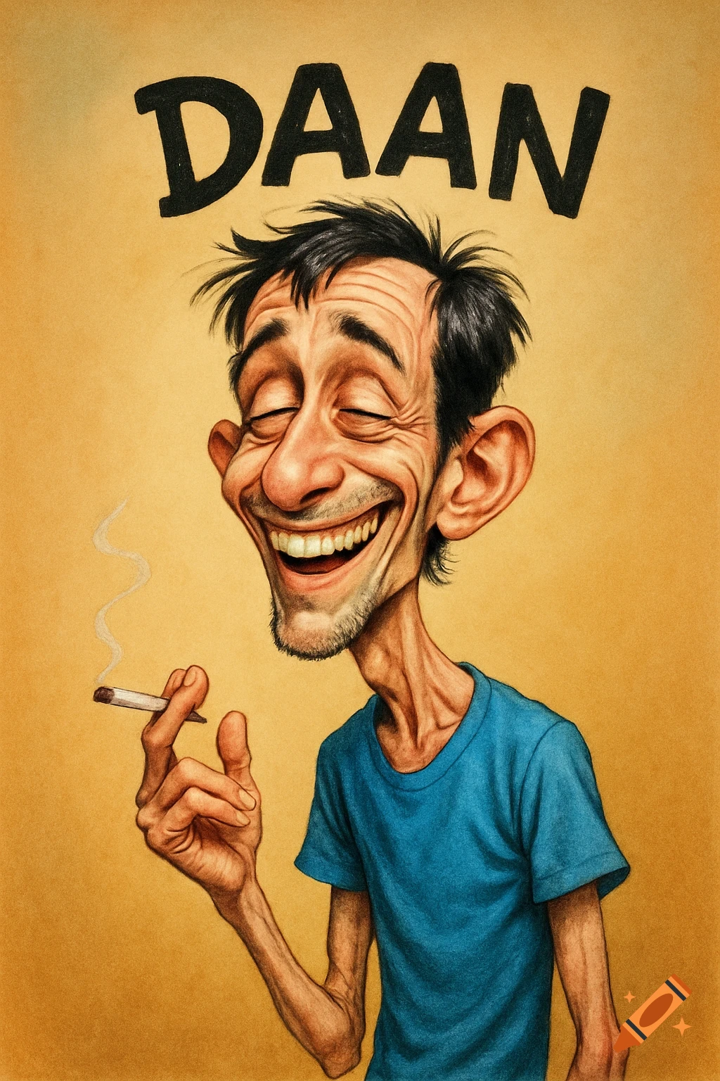 A humorous caricature of a very thin, smiling man with dark hair, a beard, and a blue t-shirt, happily smoking a cigarette, with 'DAAN' written above.