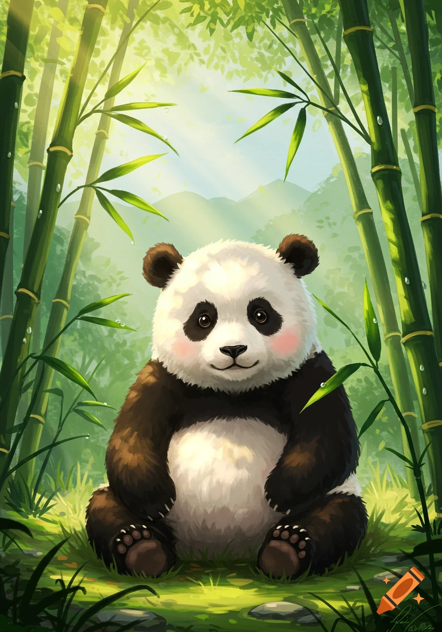A cute, fluffy illustrated panda with rosy cheeks sits among bright green bamboo in a sunny forest.