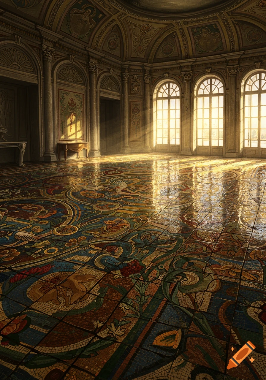 Ornate room with a colorful mosaic floor, sunbeams streaming through tall windows, showcasing detailed architecture.