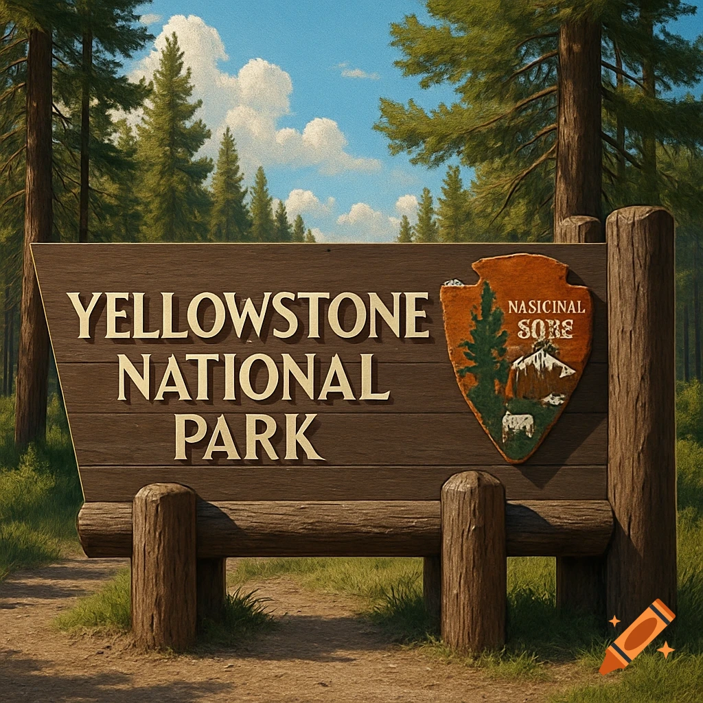 A rustic wooden entrance sign for Yellowstone National Park, with pine trees and a blue sky in the background.