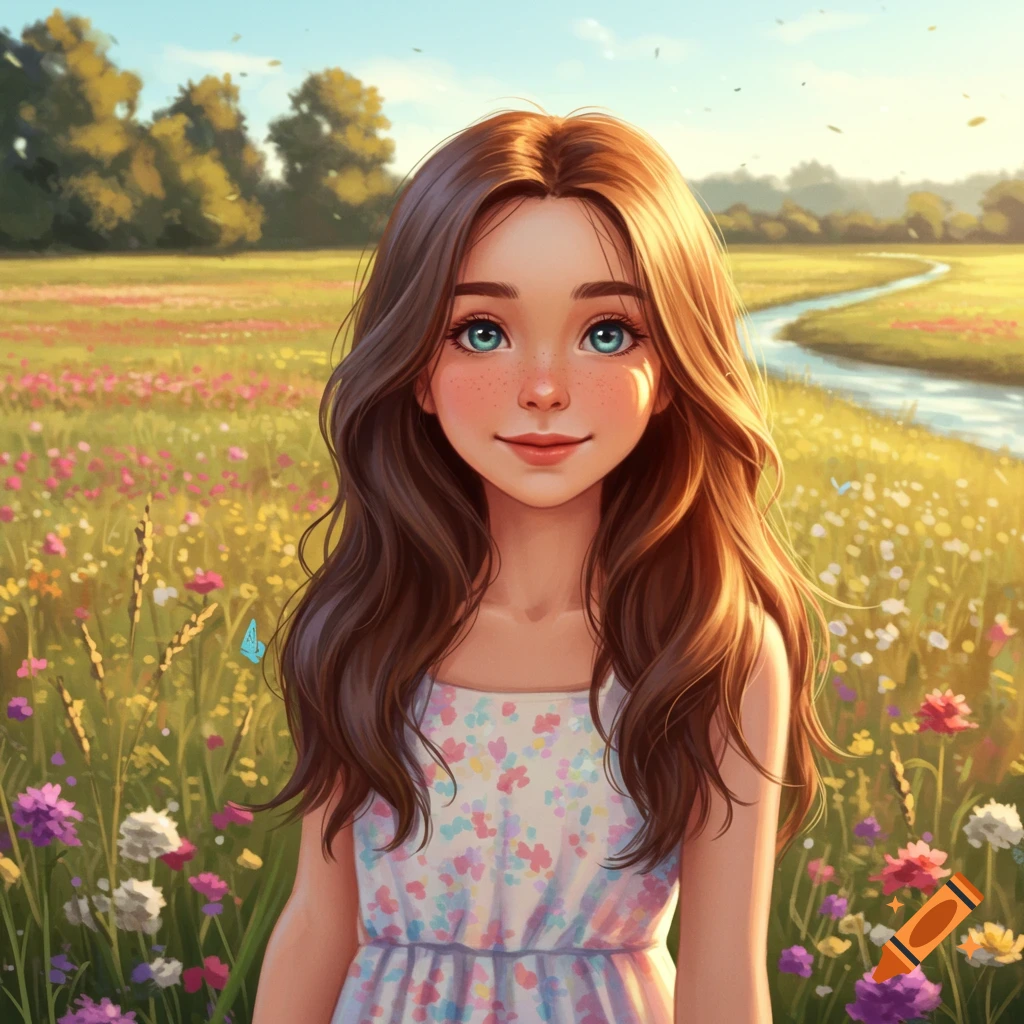 A young girl with long brown hair and blue eyes smiles in a sunlit field of colorful wildflowers, with a stream, in a digital painting style.