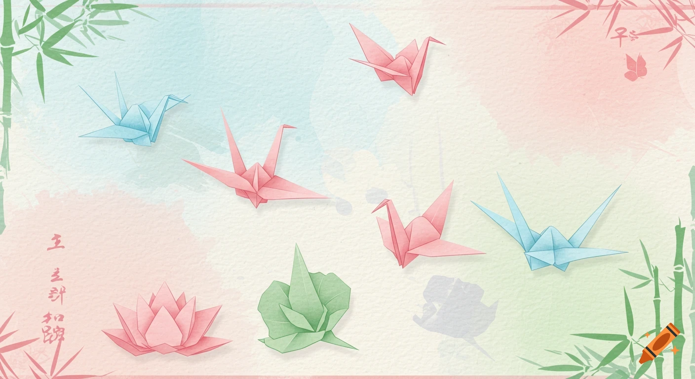 An illustration featuring multiple pink and blue origami cranes and lotus flowers, with green bamboo stalks and leaves framing a soft watercolor background of pink, blue, and green hues. Decorative stylized Asian characters are present.