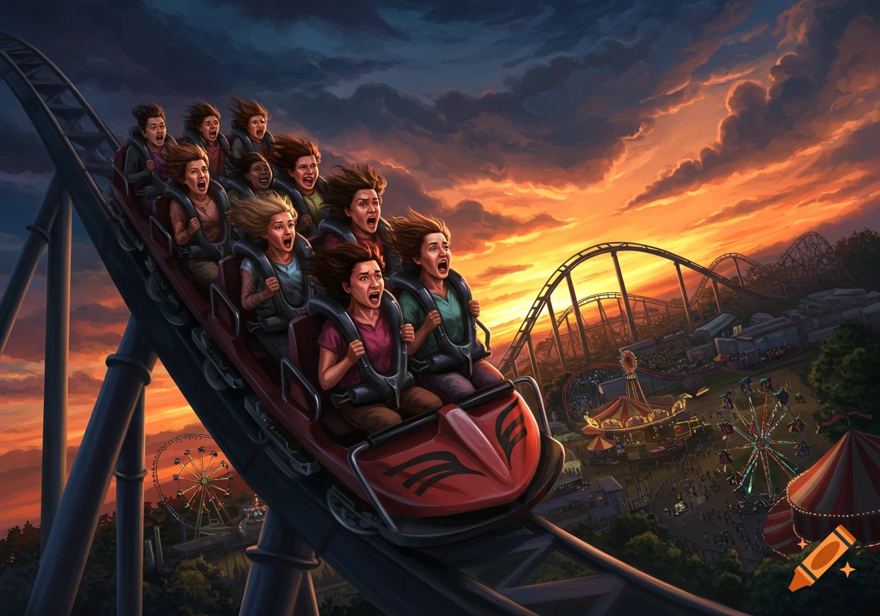 People screaming with excitement on a roller coaster ride at an amusement park during a dramatic sunset.