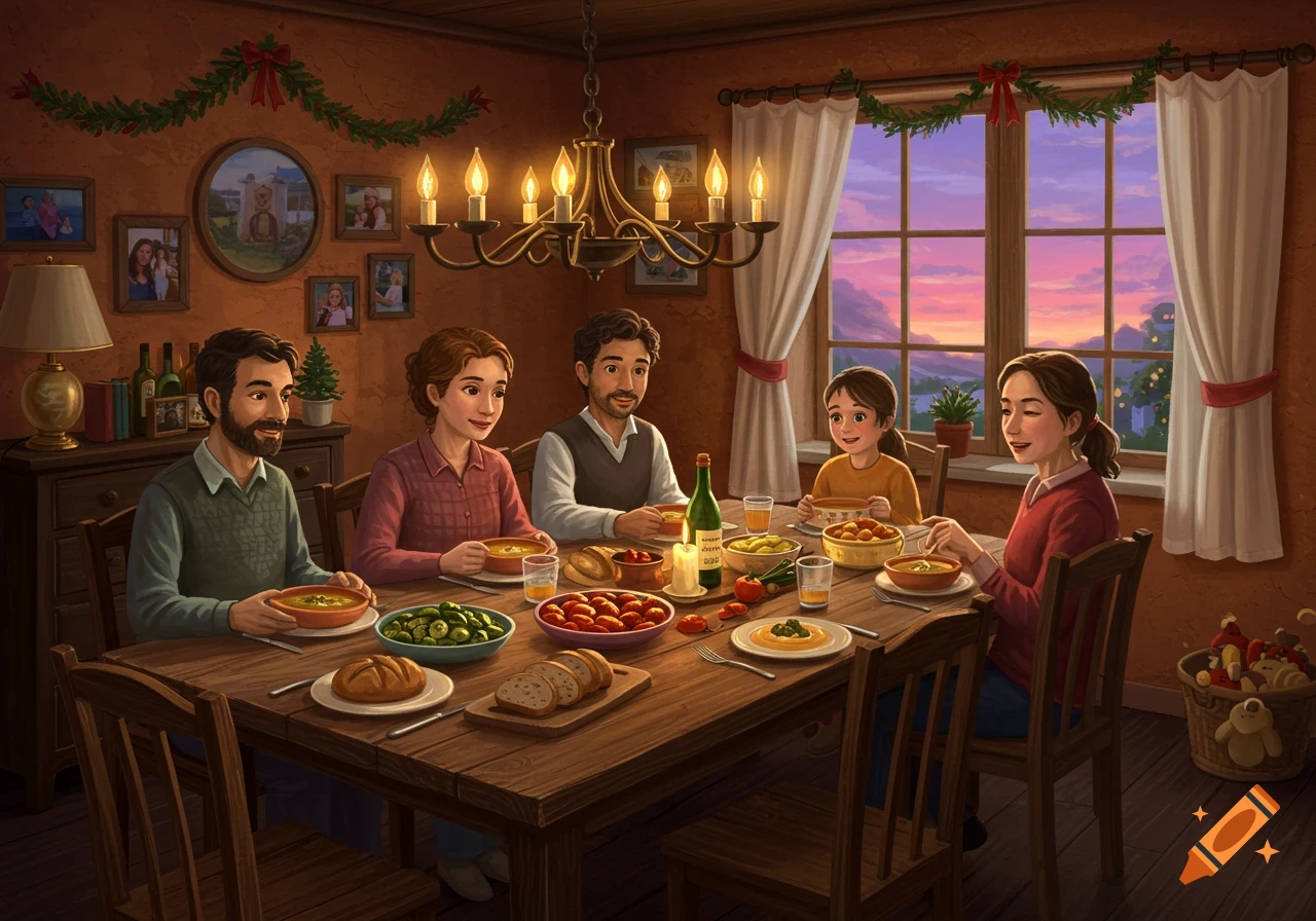 An illustrated family of five eats dinner at a festive table in a cozy dining room as sunset glows outside the window.