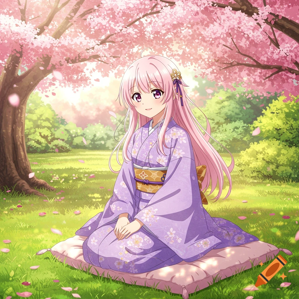 Anime girl with pink hair in a purple kimono, sitting on a cushion under a cherry blossom tree in a park.