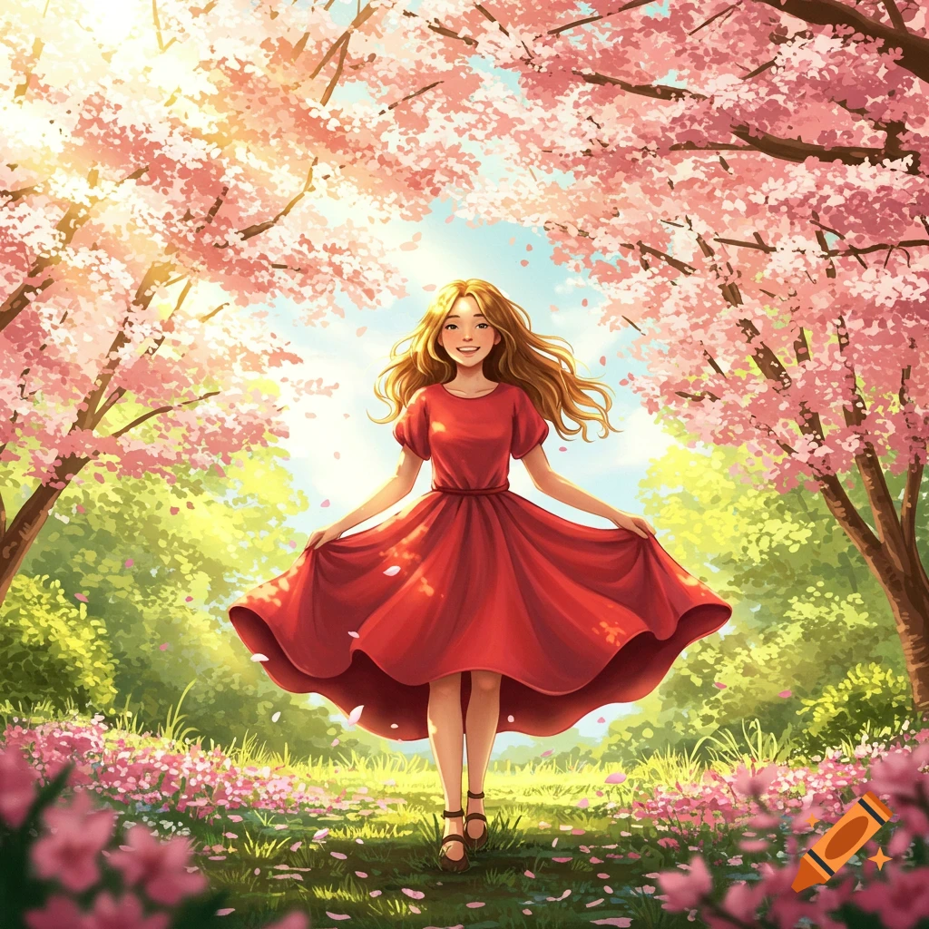Smiling girl in a red dress walking under blooming cherry blossom trees on a sunny spring day, digital illustration.