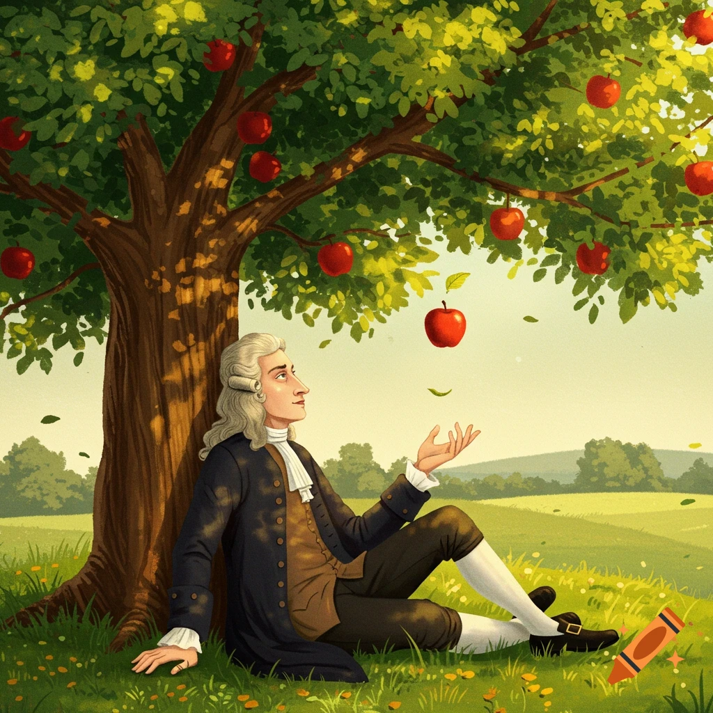 Illustration of Sir Isaac Newton sitting under an apple tree, observing a falling apple in a sunny field.