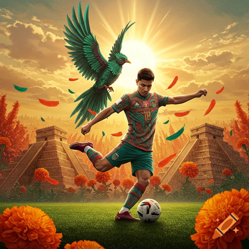 Vibrant illustration of a Mexican soccer player kicking a ball on a field with marigolds and pyramids, a large green bird flies overhead at sunset.
