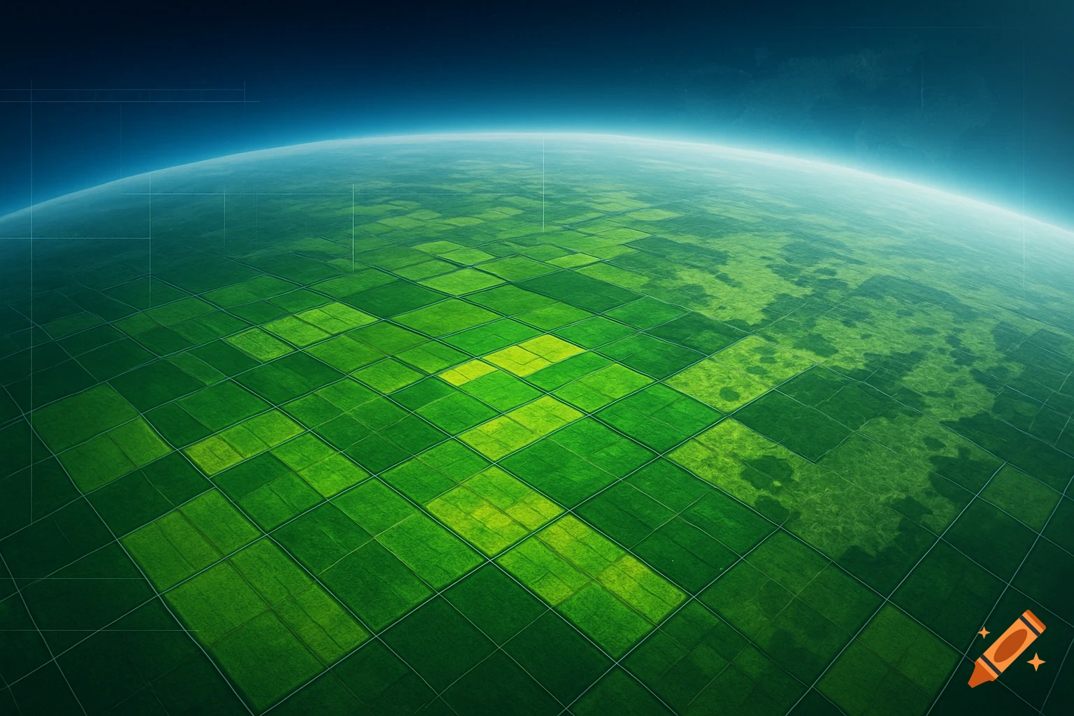 Panoramic view of Earth from space, showing vibrant green farmlands with satellite interface grids and an atmospheric horizon.