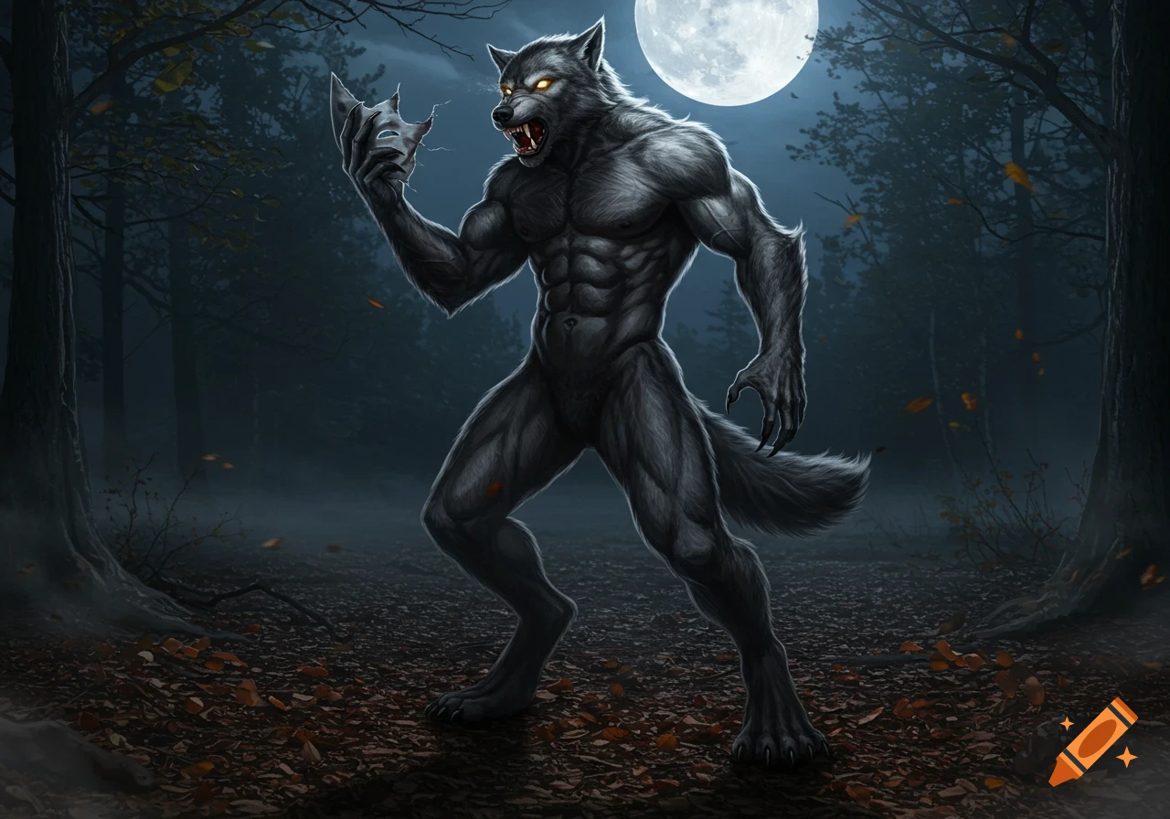 A muscular gray werewolf stands upright in a dark, moonlit forest, holding a torn human mask in one clawed hand.