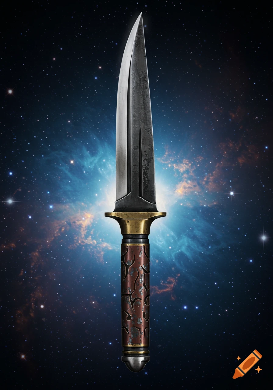 A detailed, stylized knife with a dark blade and textured reddish-brown handle, set against a vibrant space nebula.