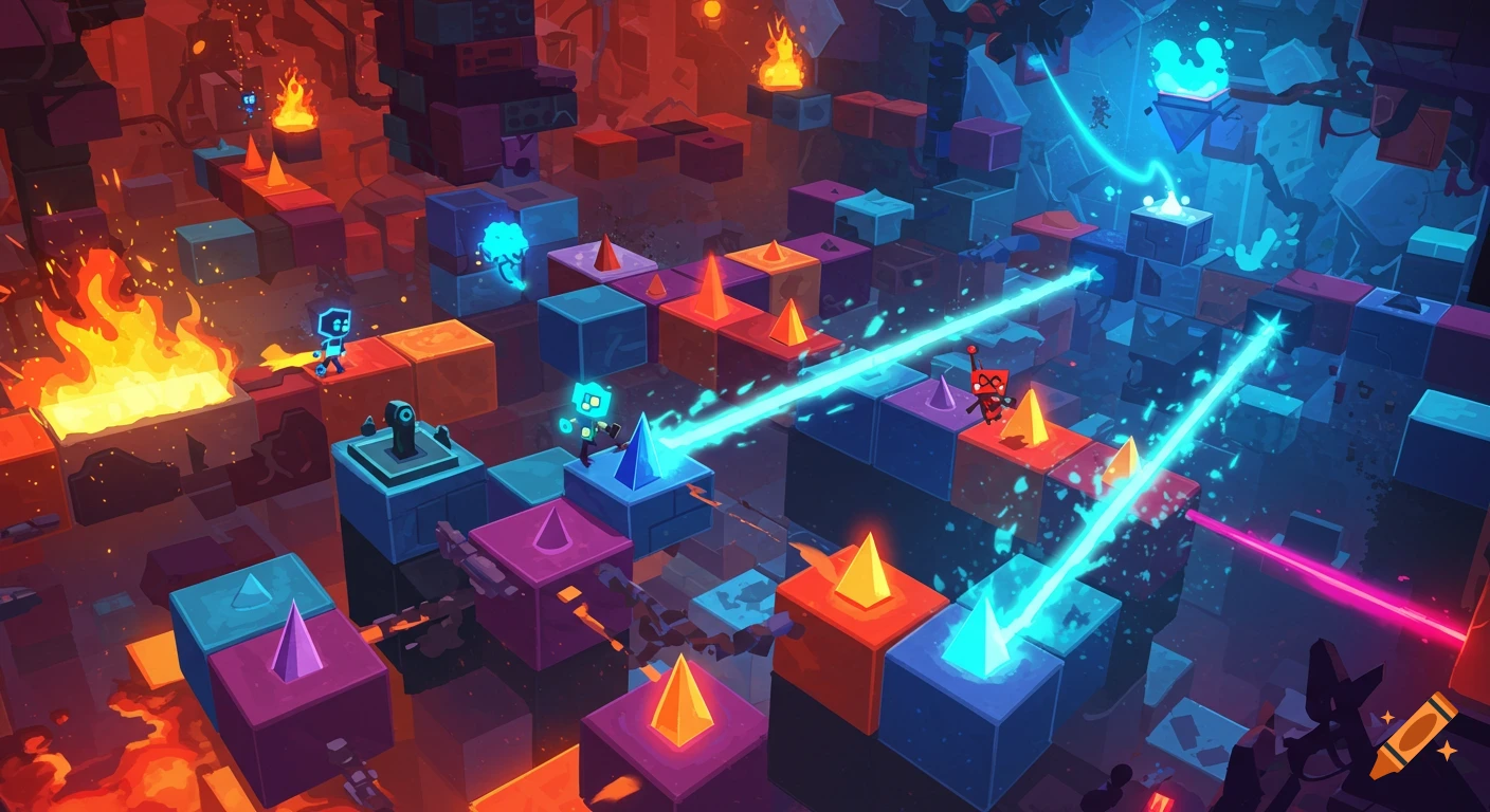 An isometric view of a colorful block-based video game level with small robot characters, glowing lasers, and lava pits.