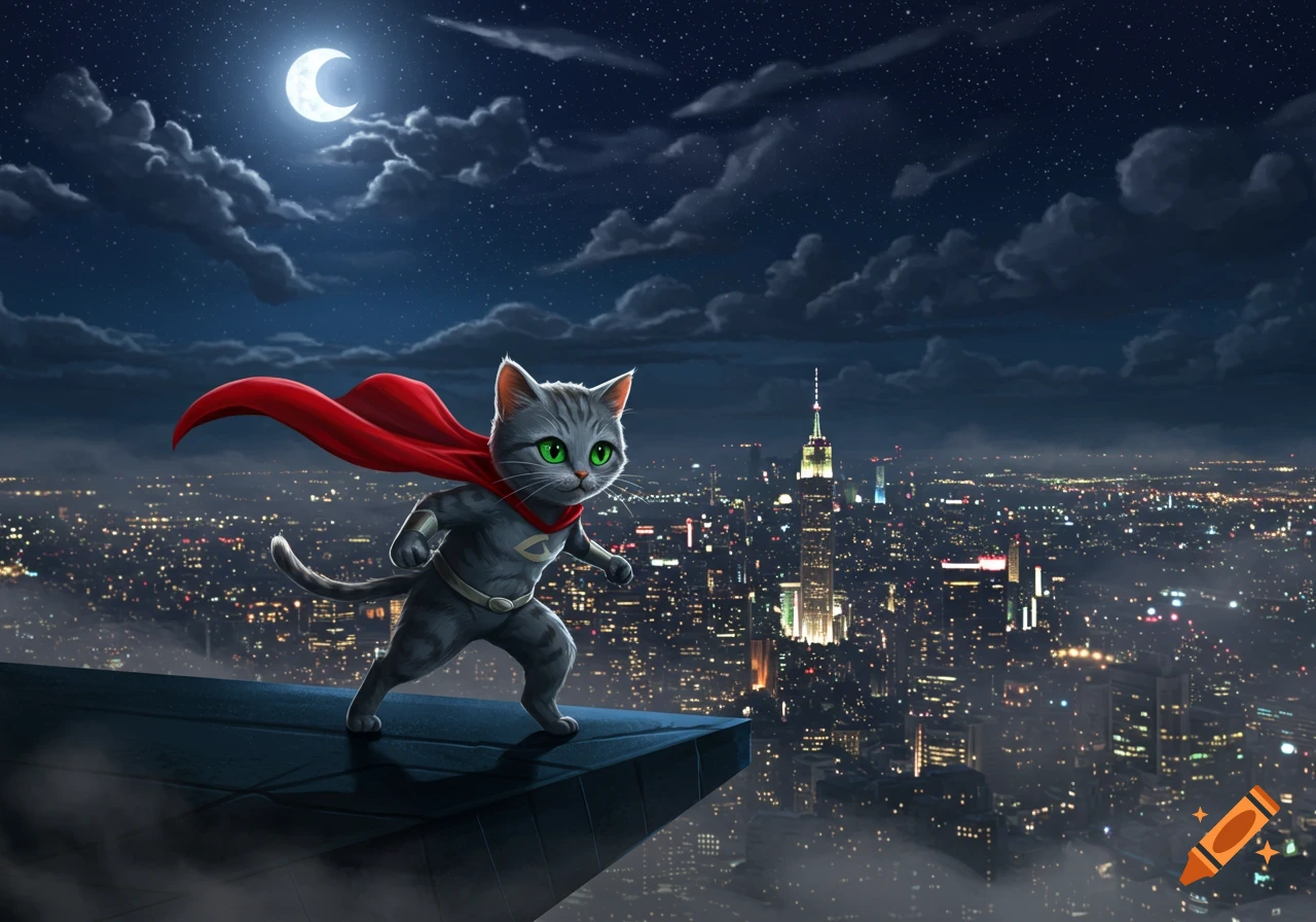A cartoon superhero cat in a red cape stands on a building edge, overlooking a vast, lit-up city at night under a crescent moon.