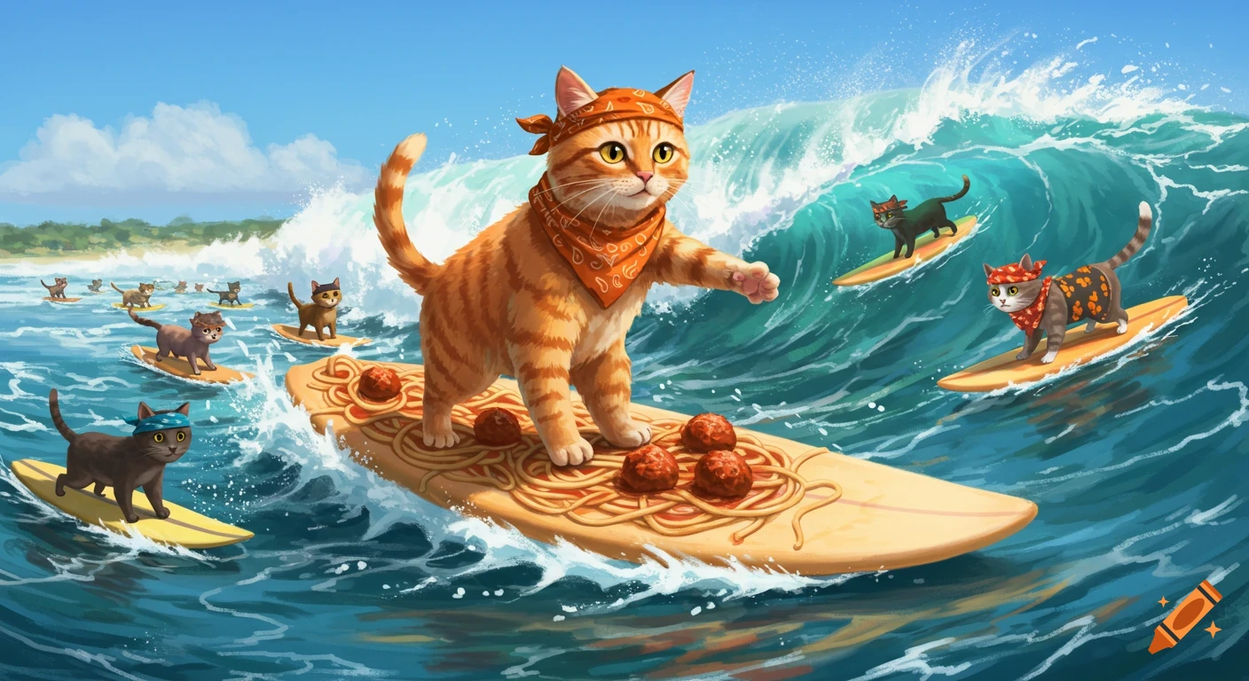 A vibrant illustration of an orange cat on a surfboard covered in spaghetti and meatballs, surfing with other cats on a sunny ocean.