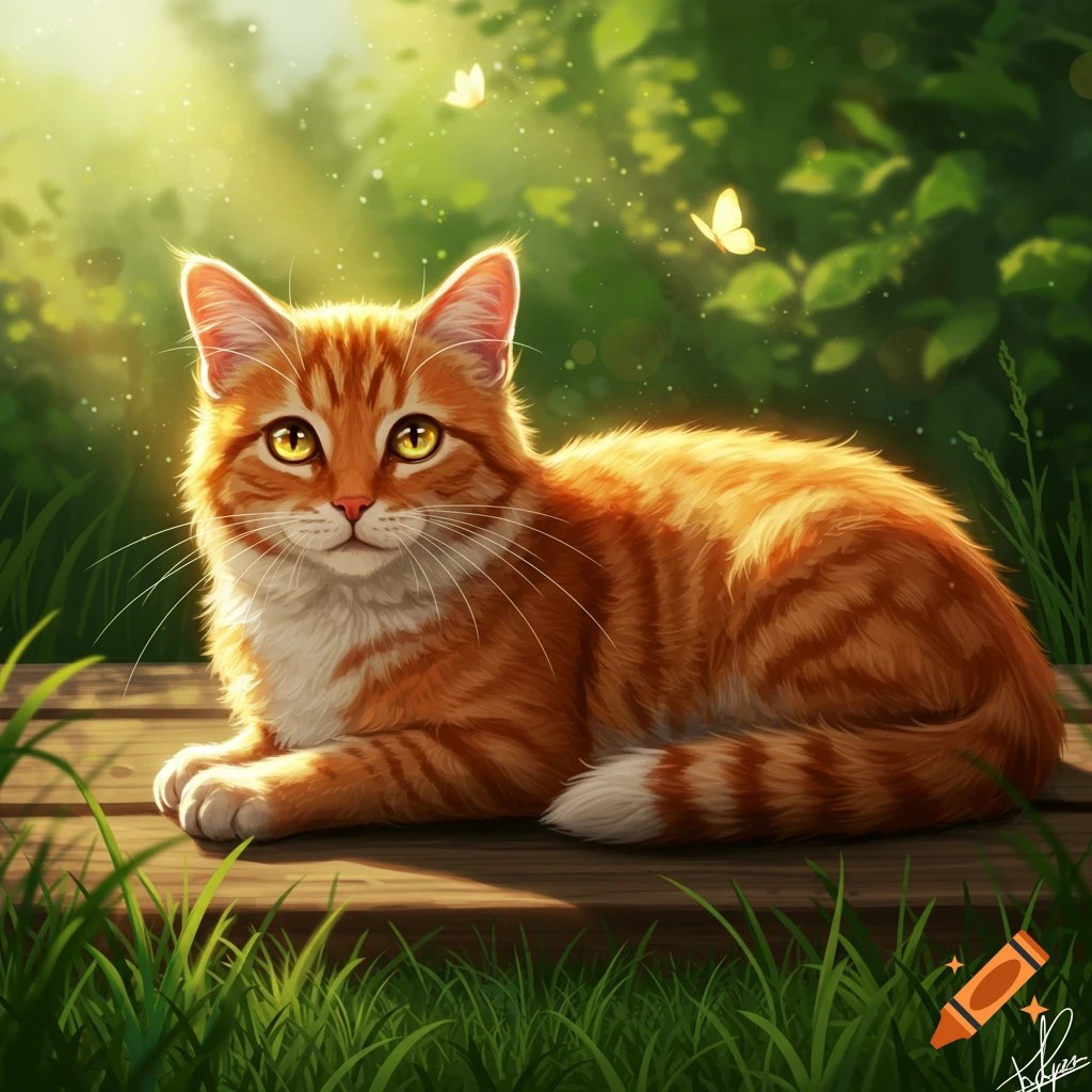 A fluffy ginger cat with golden eyes and white markings lies on a wooden path in a sunlit garden, with butterflies fluttering around, in a digital art style.