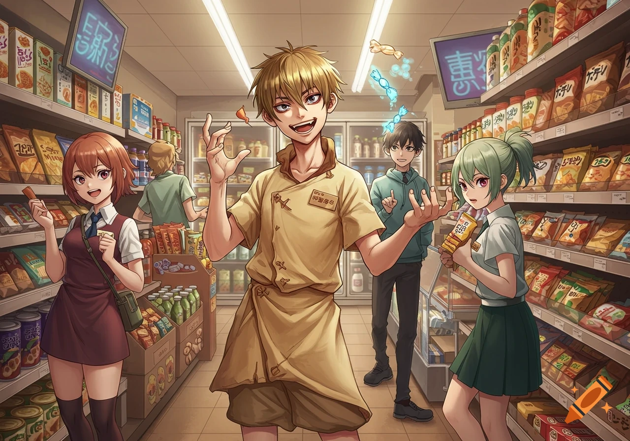 An anime scene inside a convenience store with several characters. A blonde male in the center gestures playfully, surrounded by shelves of products.