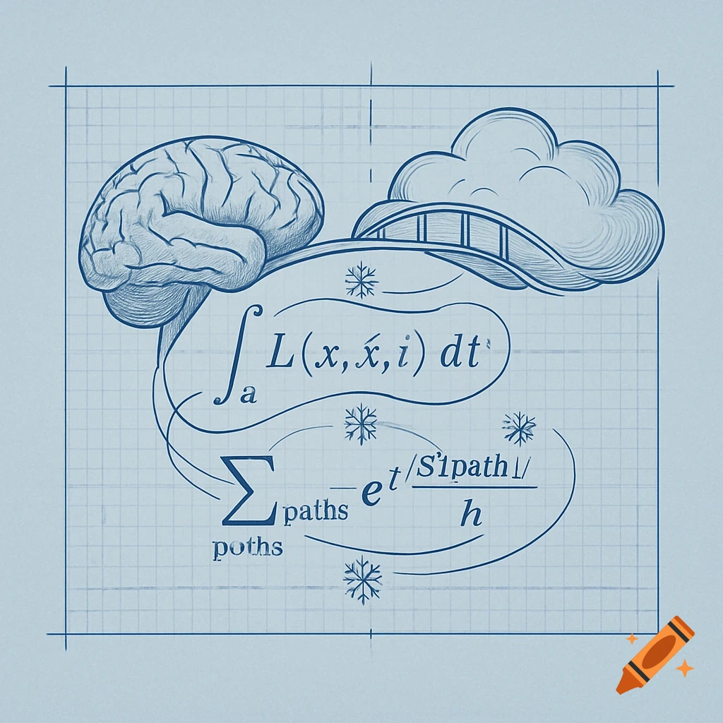 A technical blueprint drawing showing a brain and a cloud connected by swirling lines and mathematical path integral equations, with stylized snowflakes.