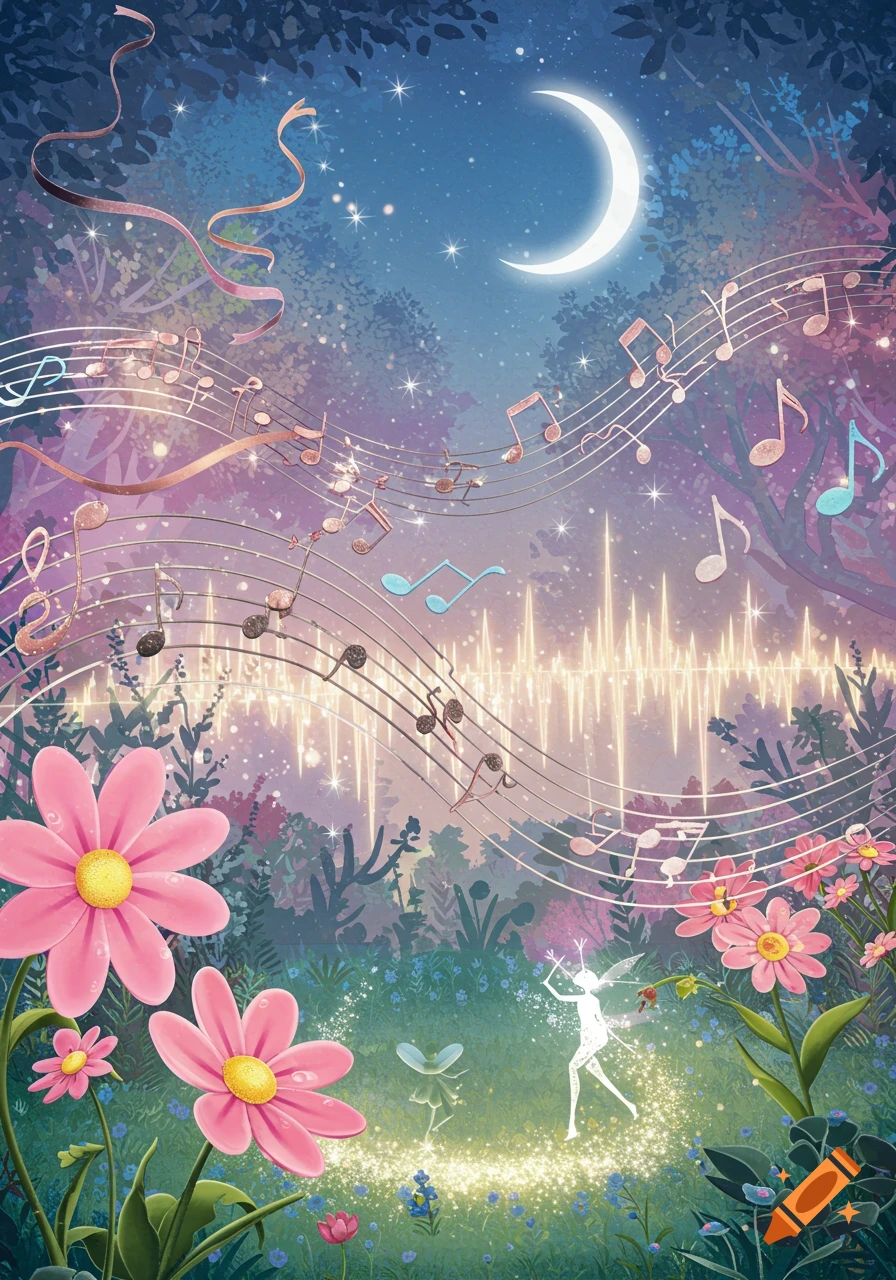 A magical night scene in a forest with glowing musical notes floating over pink flowers, crescent moon, stars, and tiny fairies dancing.