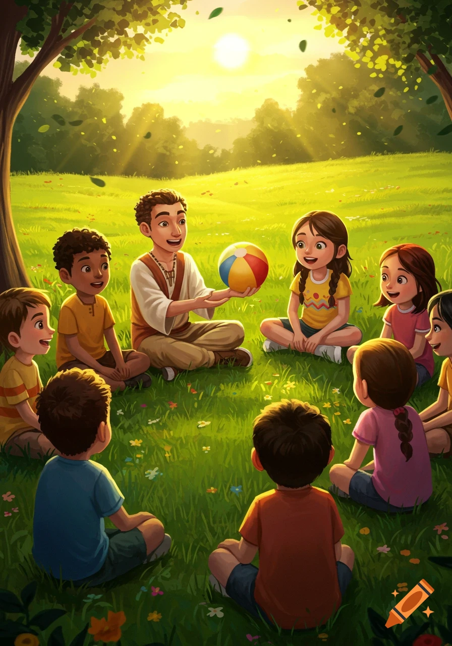 An adult leads a group of children sitting in a circle on a sunny green field, playing with a colorful beach ball in a vibrant cartoon style.