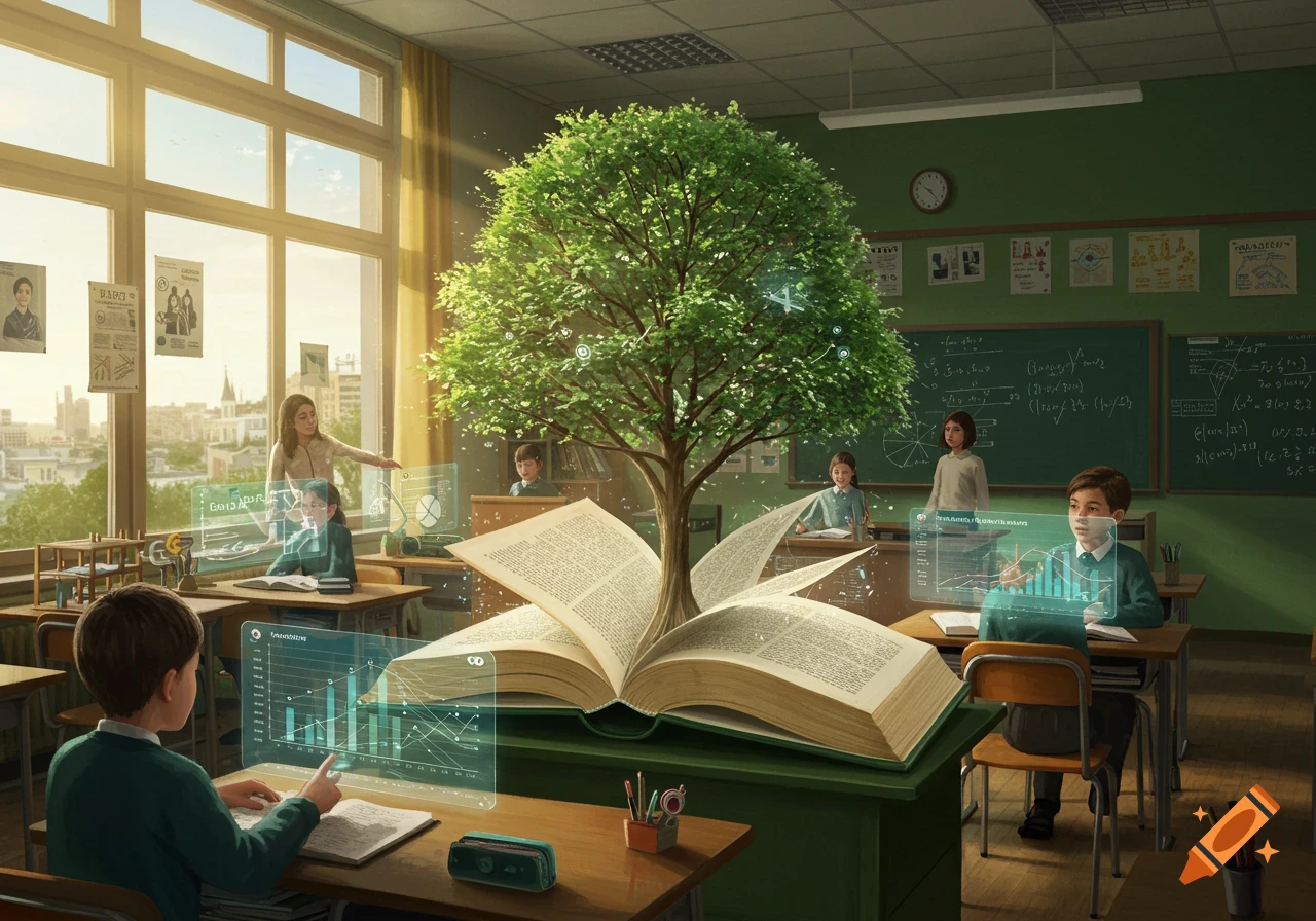 A vibrant classroom scene where a large tree grows from an open book on a central desk, with students interacting with holographic data displays and a teacher observing.