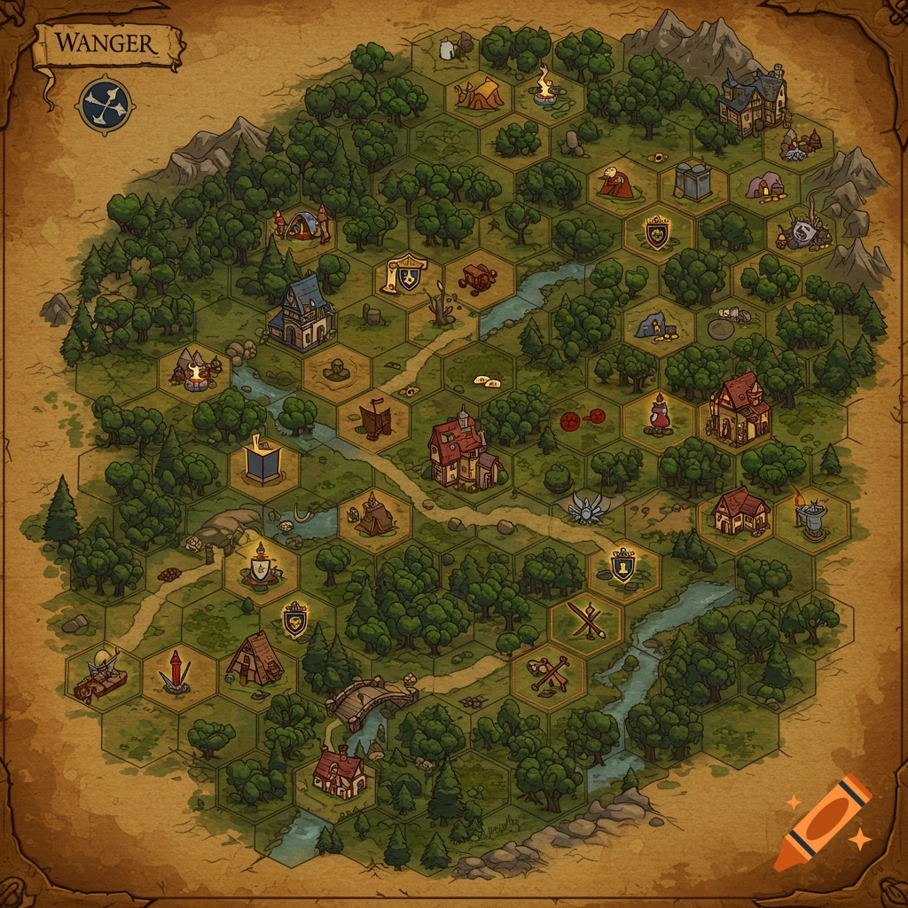 An illustrated medieval board game map on a hexagonal grid, featuring forests, rivers, mountains, towns, and game icons.