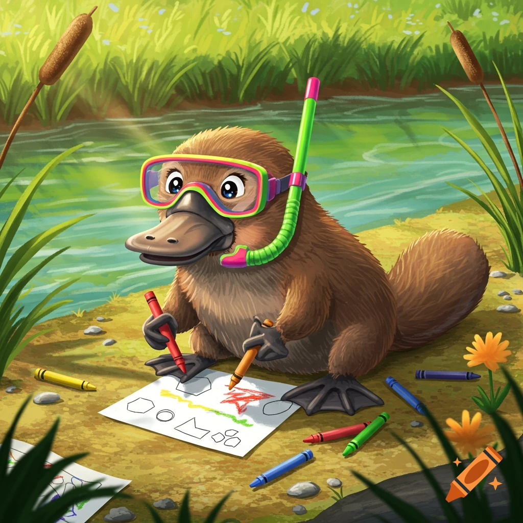 A cute cartoon platypus wearing colorful snorkeling gear sits by a river, coloring shapes on paper with crayons.
