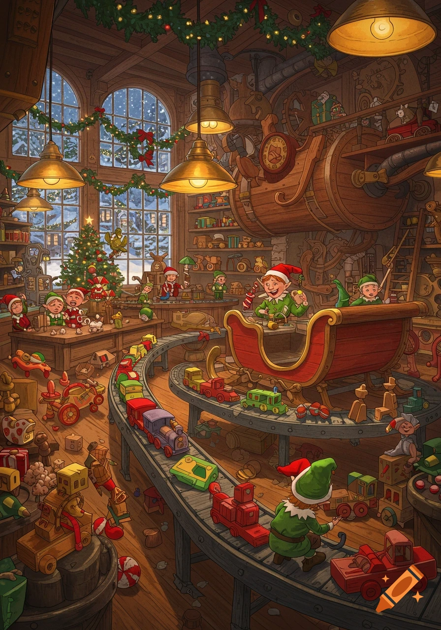 A detailed illustration of Santa's toy factory with elves making and sorting wooden toys on a conveyor belt, festive Christmas decorations, and snowy windows.