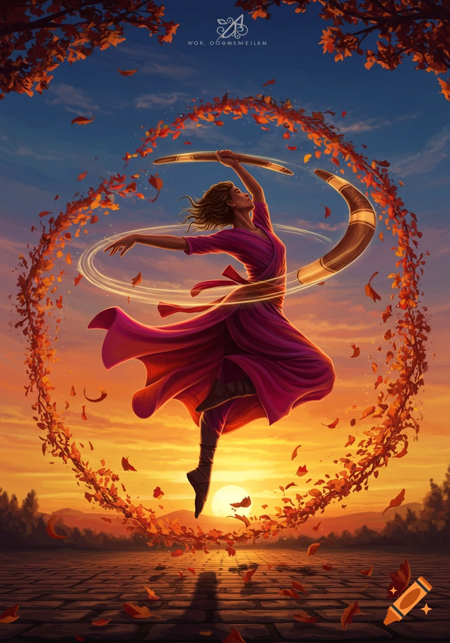 An illustrative digital art of a woman in a purple dress dancing with a boomerang, surrounded by swirling autumn leaves at sunset.