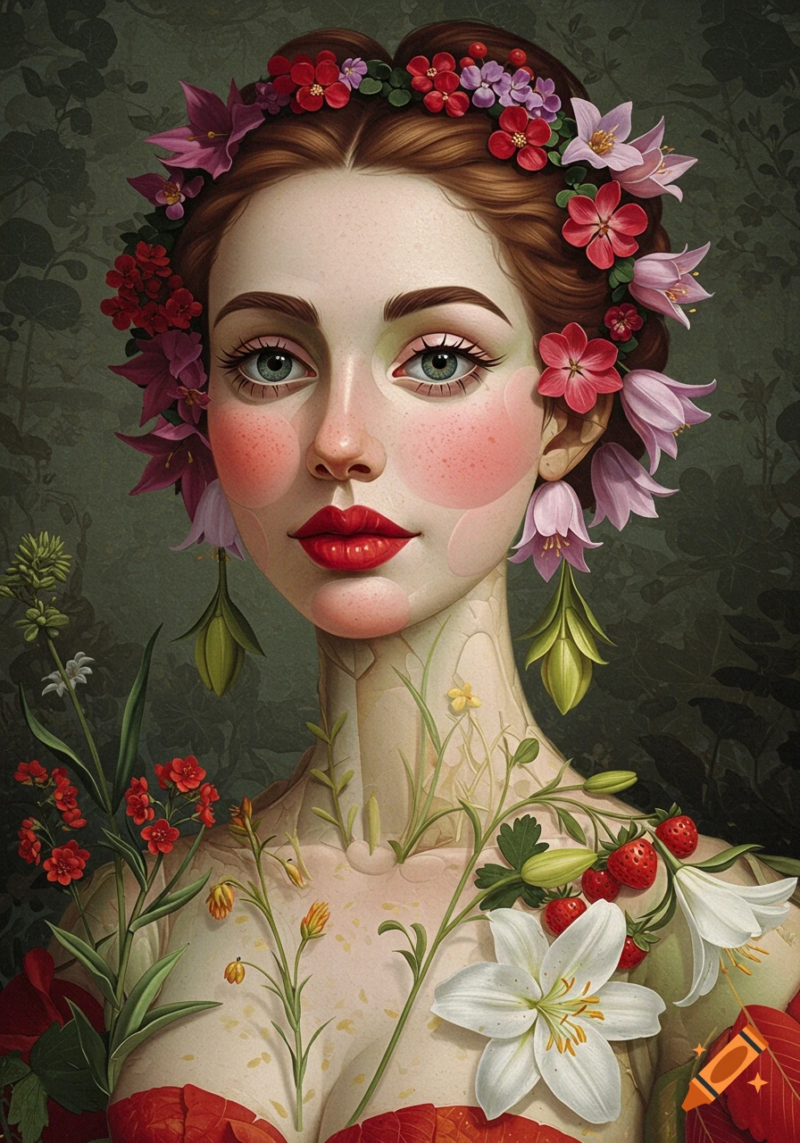 Surreal Renaissance-style portrait of a woman with features made of flowers and fruits, against a dark botanical background.