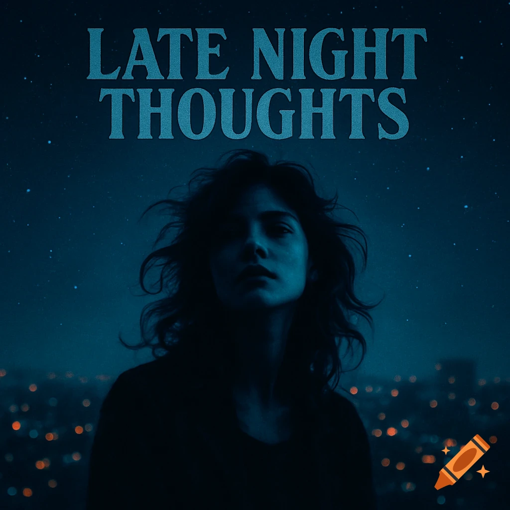 A melancholic woman with windswept hair under a starry night sky above a city skyline. Text reads 'LATE NIGHT THOUGHTS'.