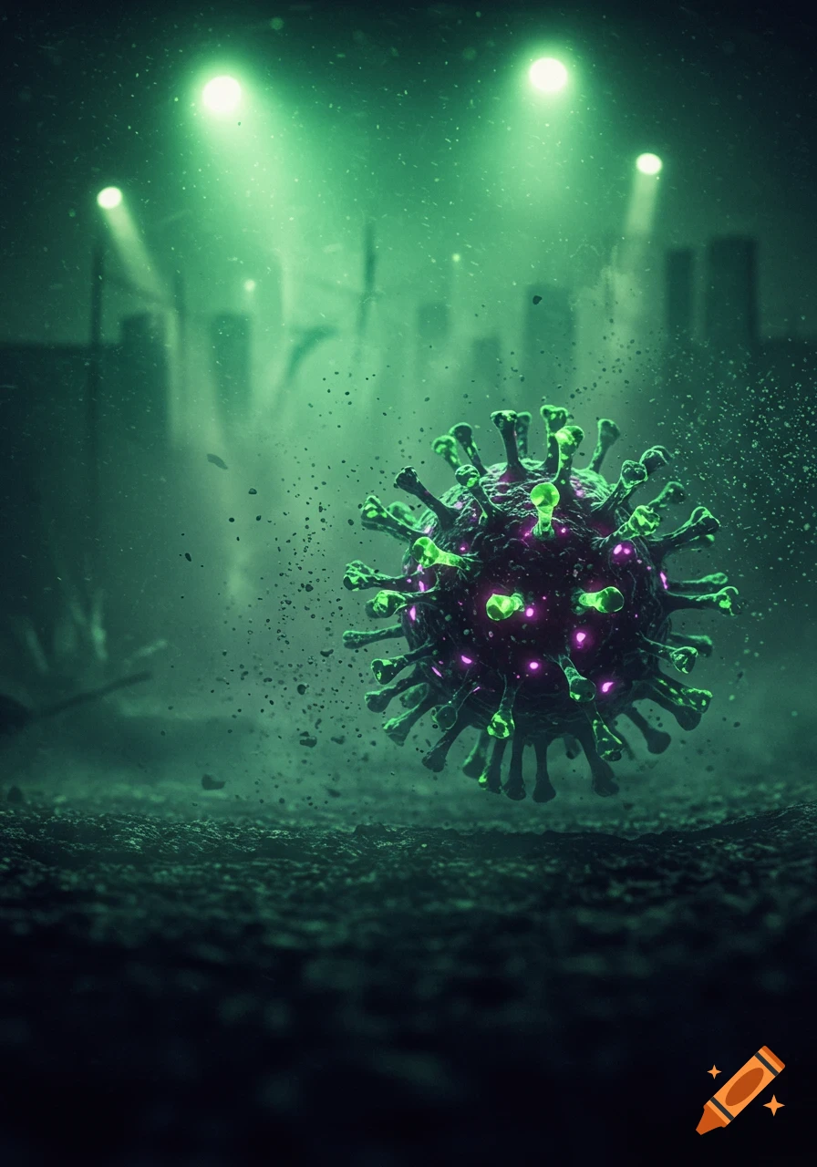 A dark, spiky virus particle with glowing green and purple elements floats in a misty green atmosphere above a dark, silhouetted city under spotlights.