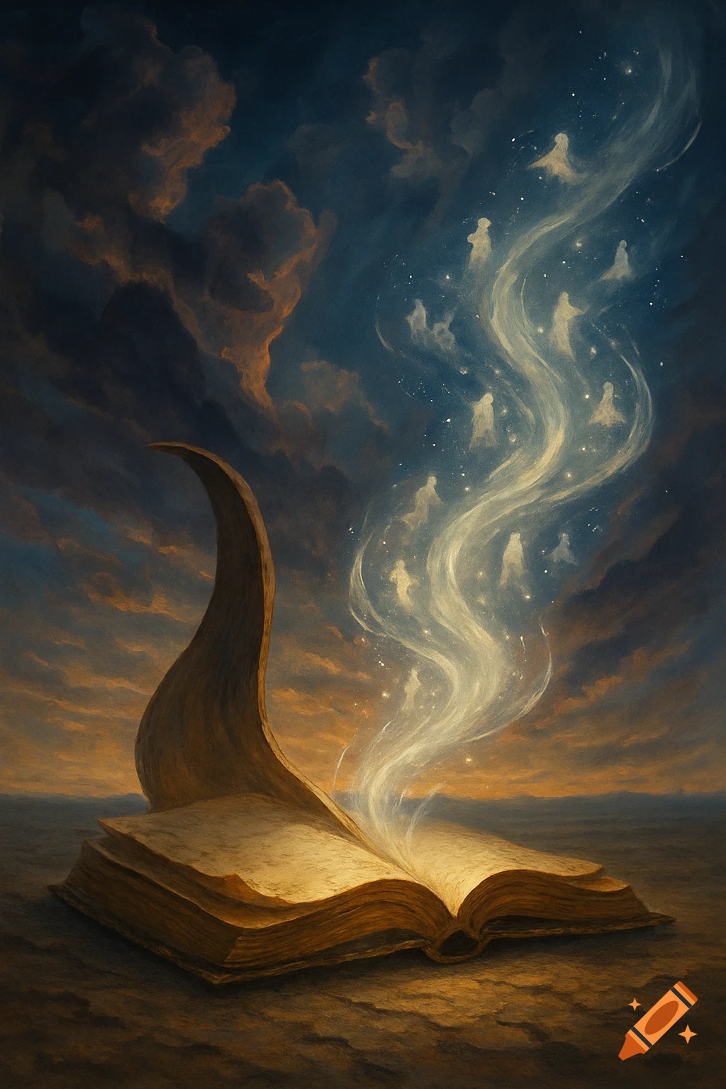 An open, antique book with luminous, ghostly figures ascending from its pages into a dark, cloudy sky, fantasy art style.