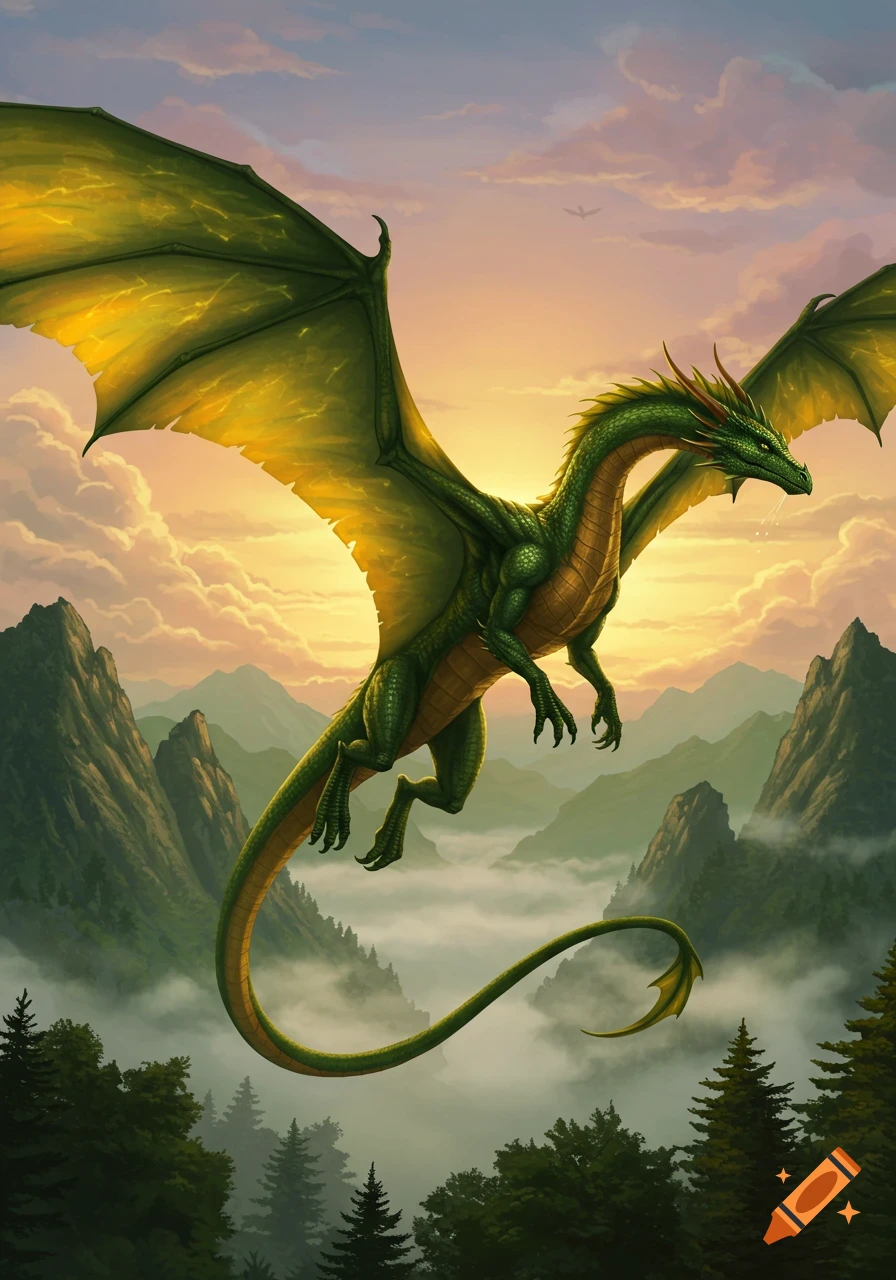 A majestic green dragon with large wings flies over a misty mountain range at sunset.