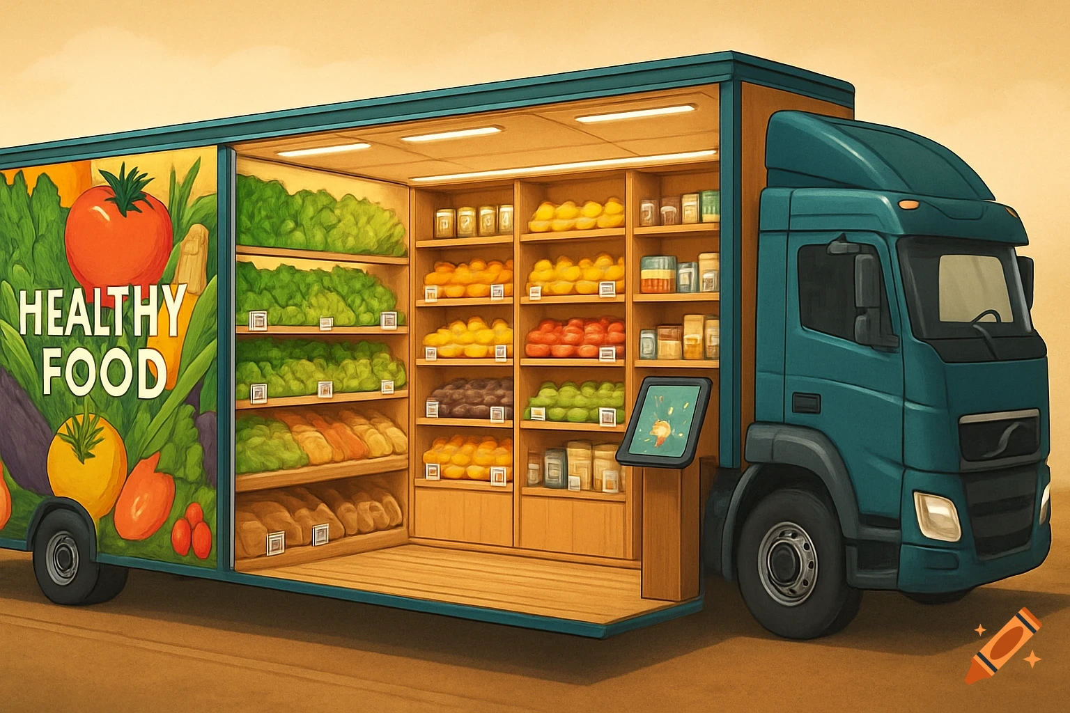 An illustration of a blue food truck with its side open, revealing shelves of fresh vegetables, fruits, and pantry items. 'HEALTHY FOOD' is written on the side.