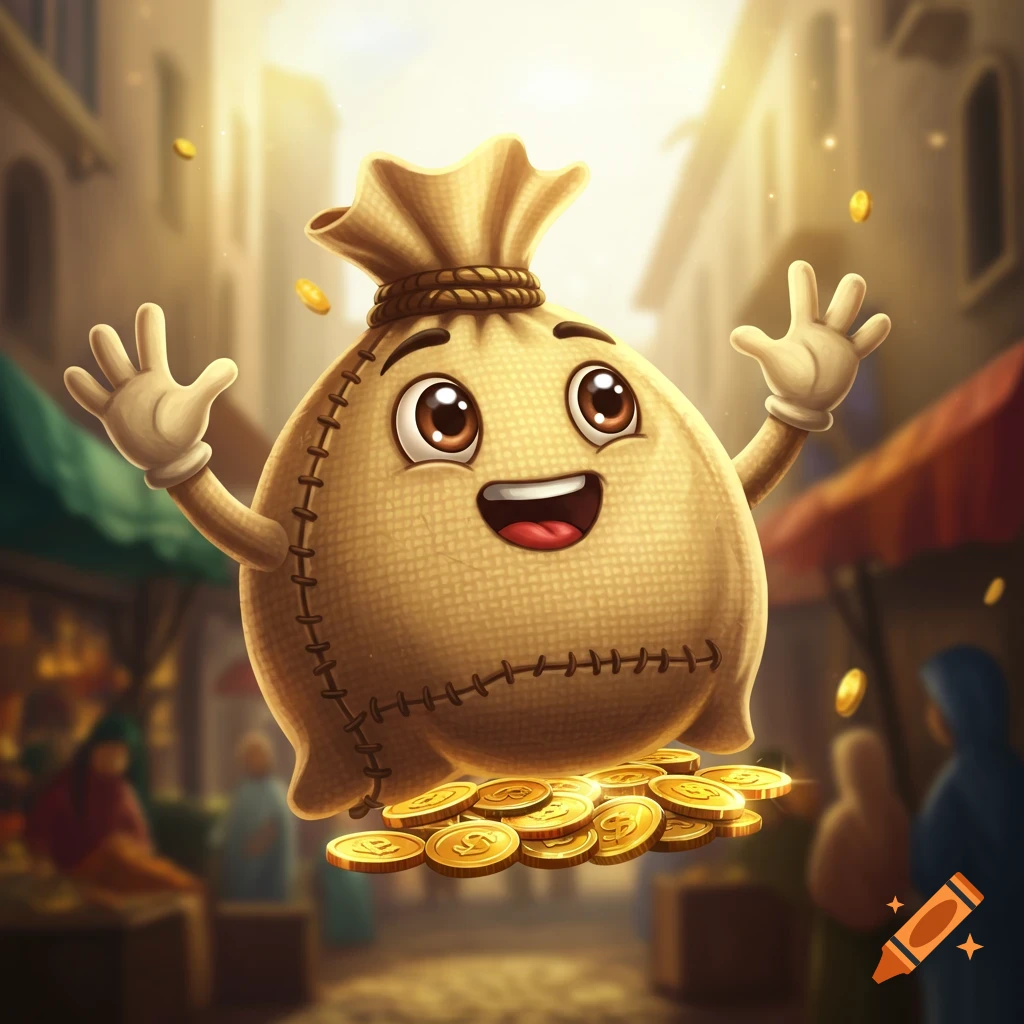 A cheerful, cartoon money bag character with outstretched arms floats in a bustling marketplace, surrounded by gold coins.