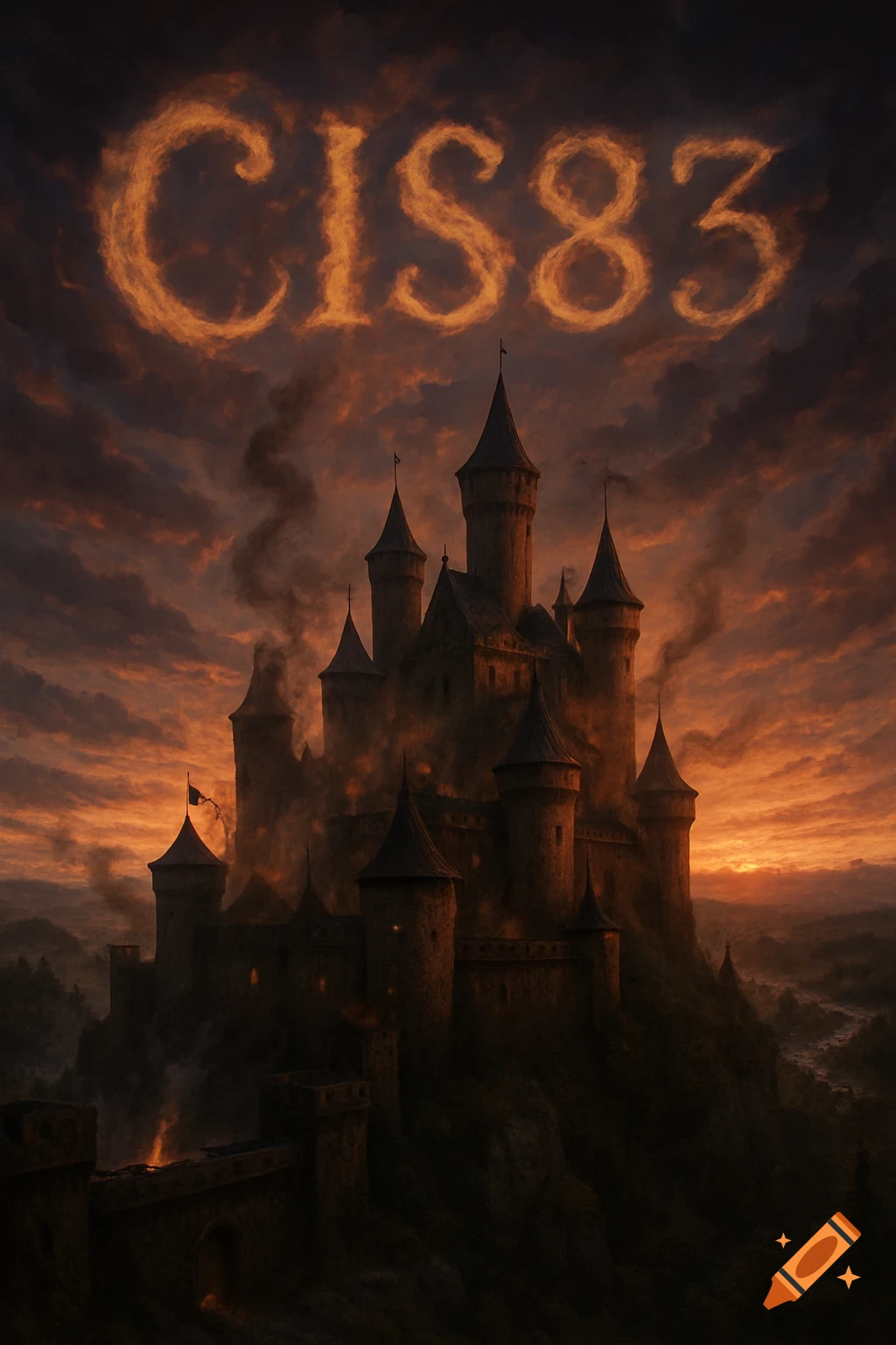 A dark, imposing castle on a hill under a fiery sunset sky, with 'CIS83' formed in glowing clouds above.