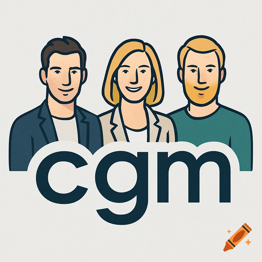 Minimalist logo for 'cgm' with three stylized business-casual people (two men, one woman) in a clean illustration style.