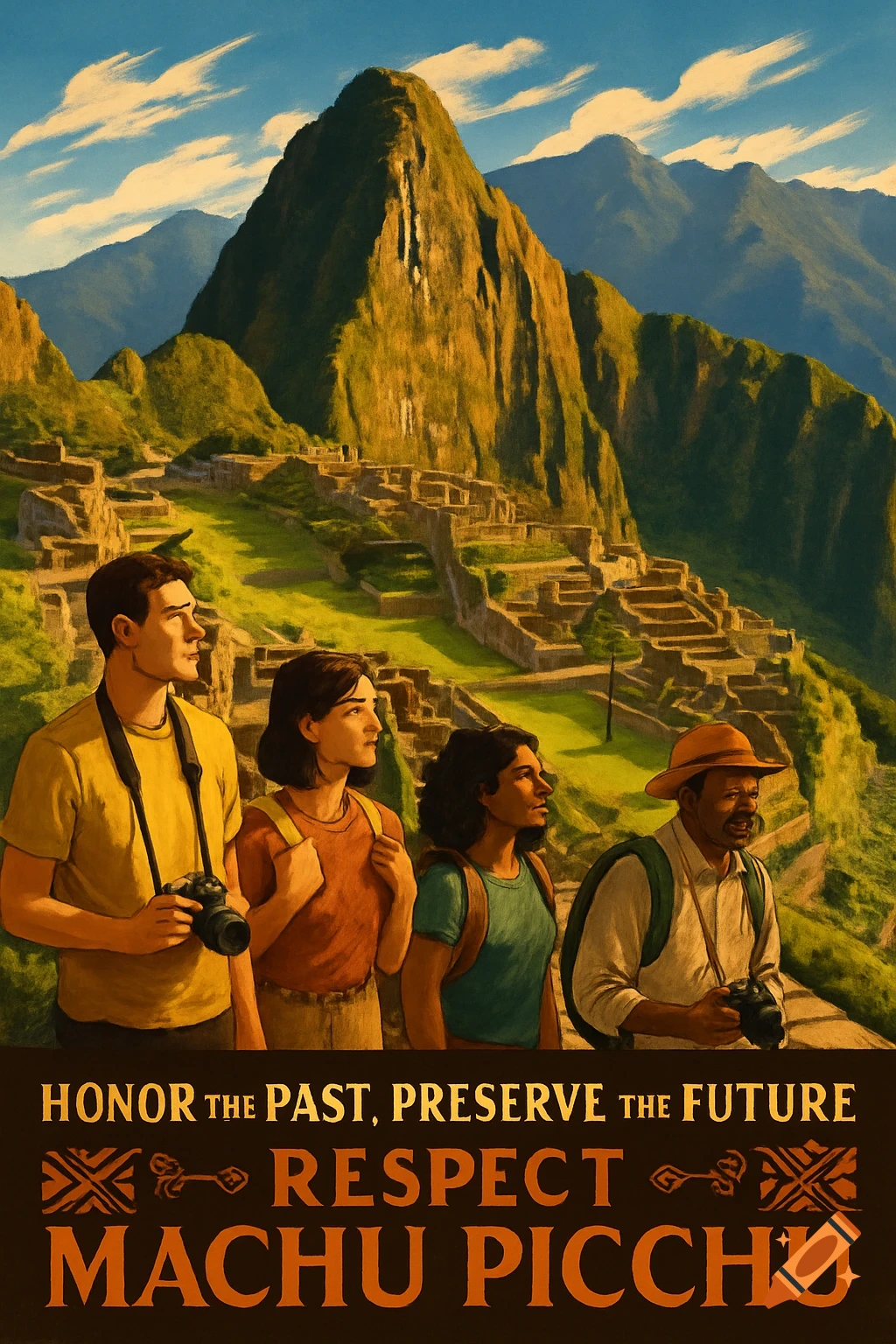 A stylized travel poster showing tourists observing the Machu Picchu ruins with mountains, and a message to respect the site.