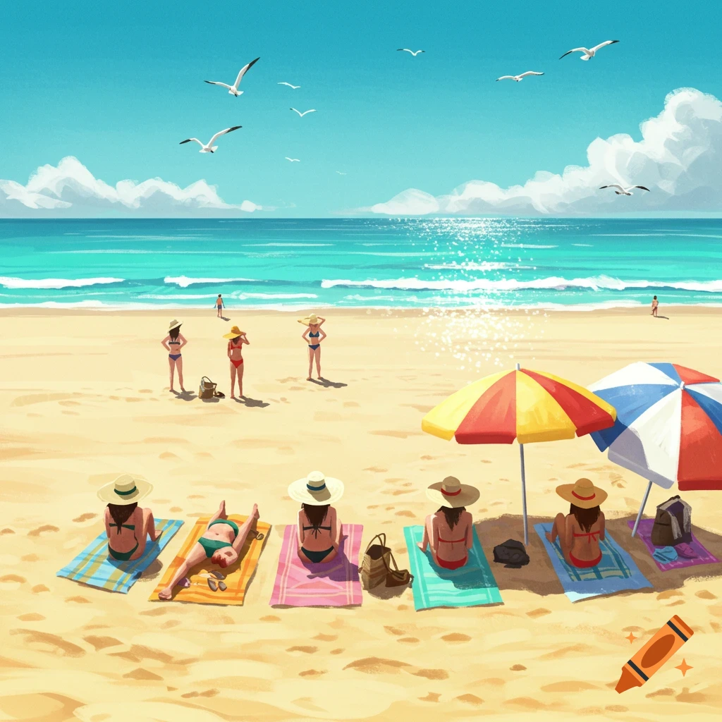 Illustrated scene of several women relaxing and sunbathing on a sandy beach next to a turquoise ocean under a clear blue sky.