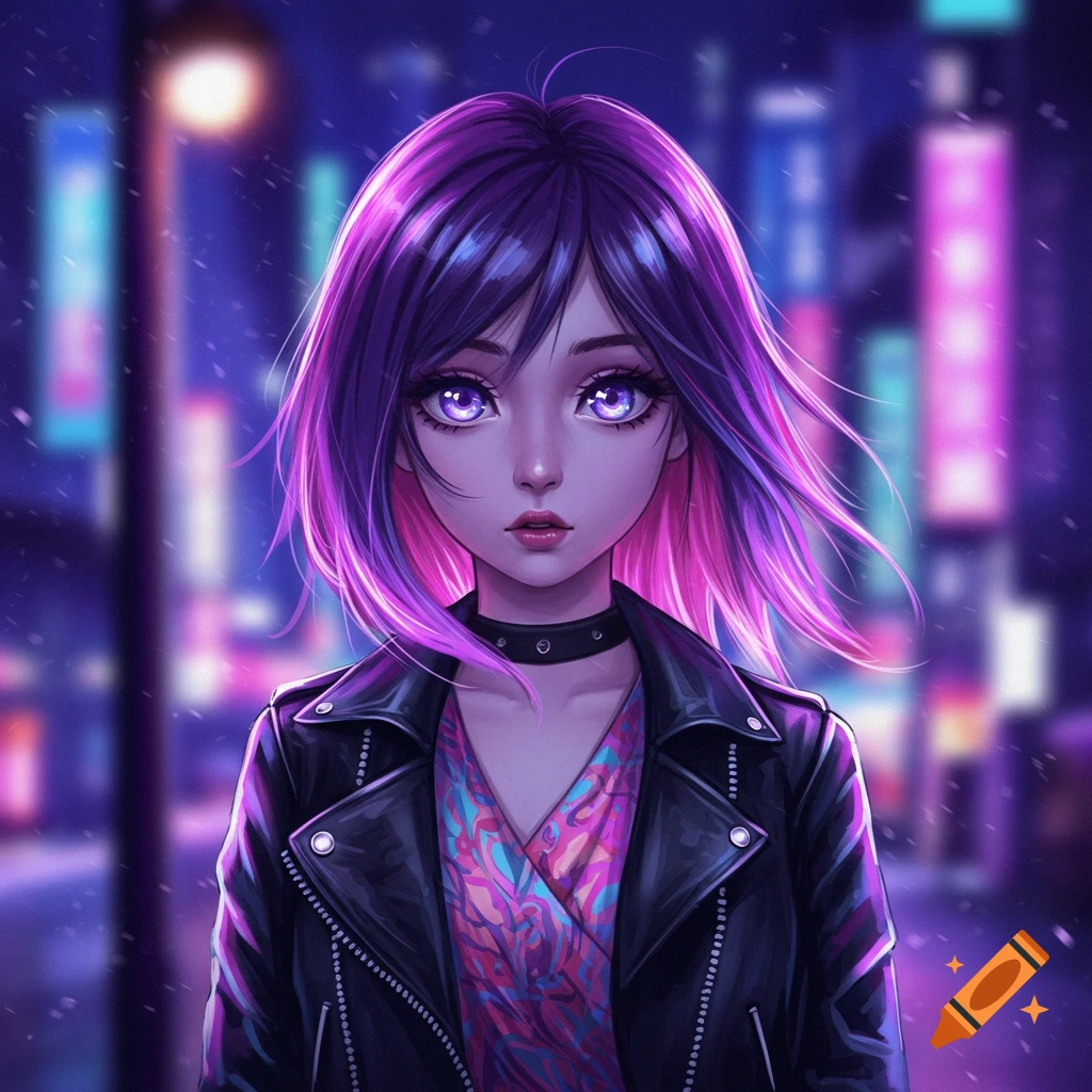 An anime girl with purple hair and glowing purple eyes wears a black leather jacket in a neon-lit futuristic city at night.