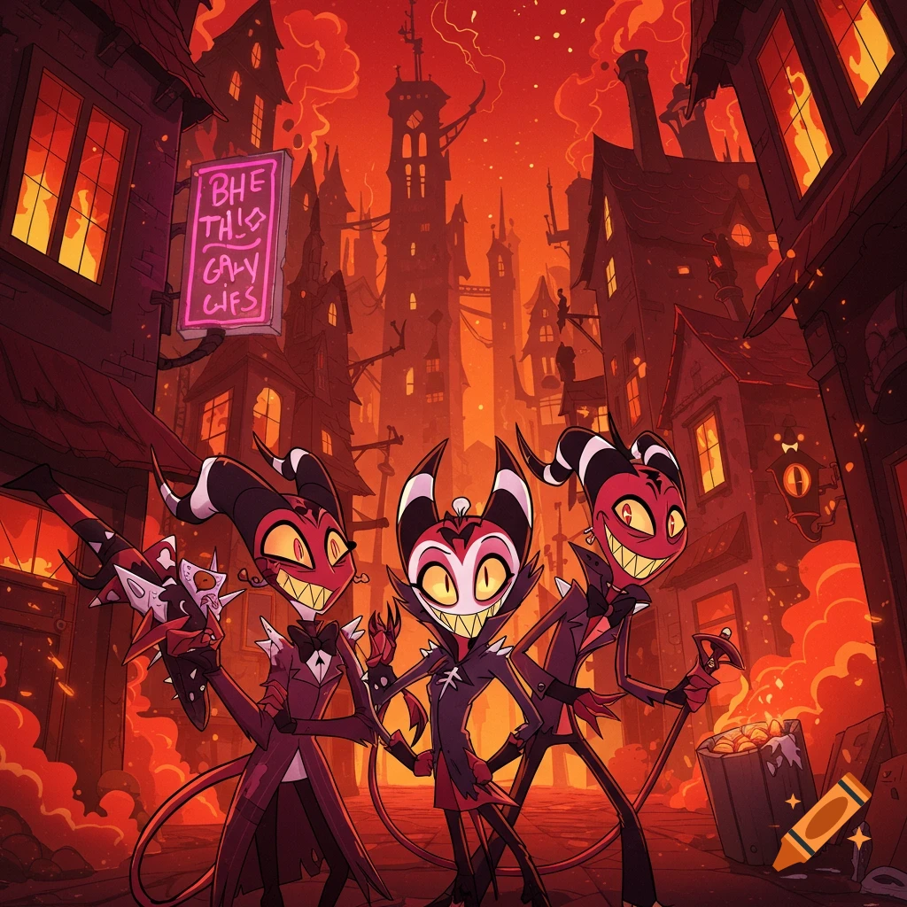 Three demon characters with striped horns and red faces in a spooky, orange-hued cityscape at night, cartoon style.