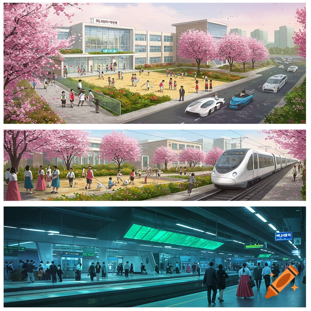 Three-panel illustration depicting a unified future Korea with a bustling elementary school under cherry blossoms, a modern train passing by, and a busy subway station.