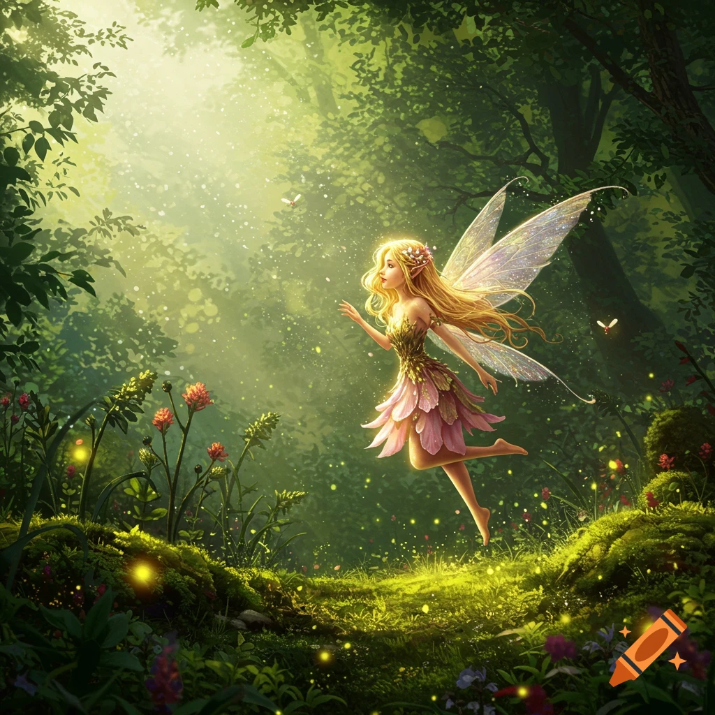 A pretty blonde fairy with sparkling wings floats gracefully in a sunlit, magical forest filled with glowing particles.